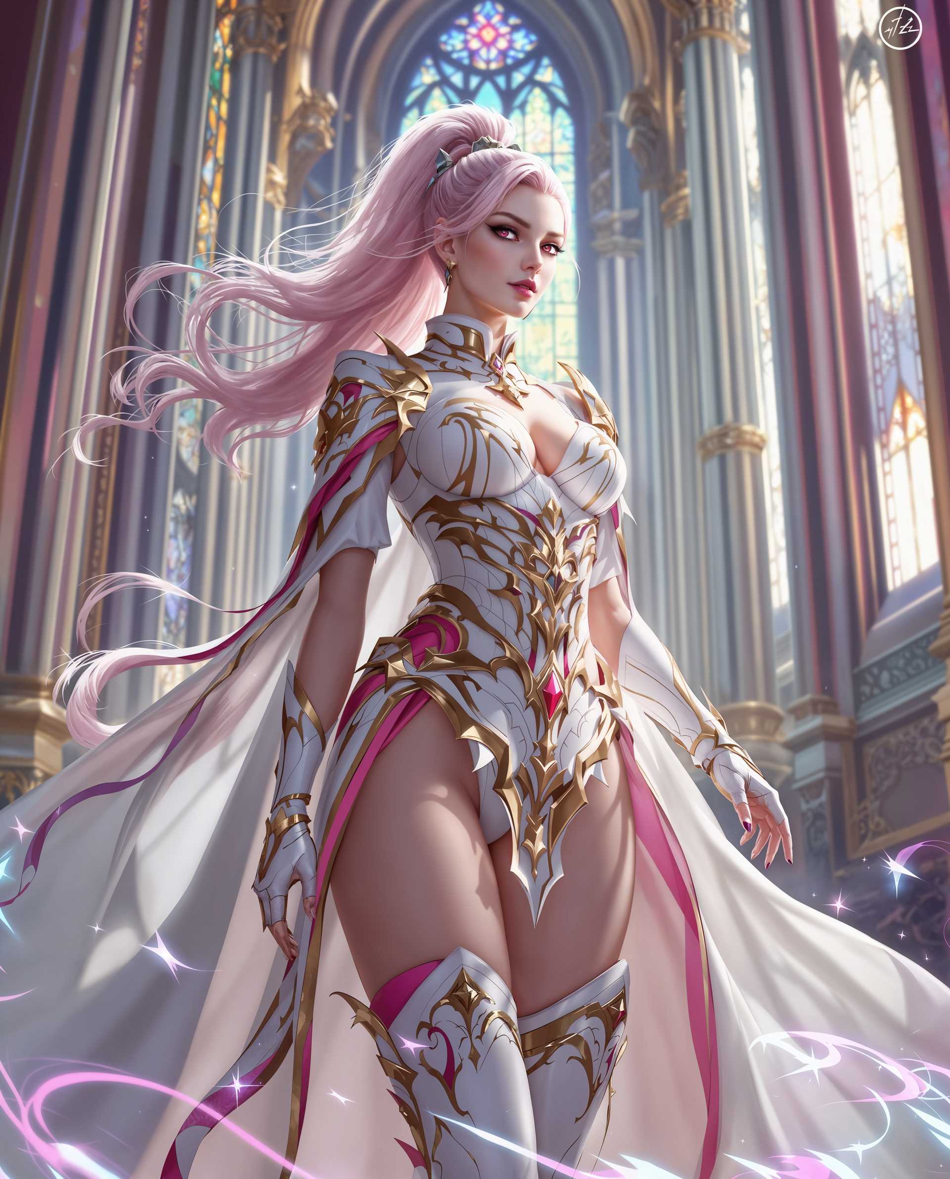 masterpiece, best quality, highres, sharp image, more detail <lora:more_details:0.5> <lora:SDXLrender_v2.0:1>, masterpiece, best quality, highres, sharp image, more detail, This is a realistic photo (photograph) of a female real person image that appears to be digitally created, showcasing a character in a fantasy setting. The medium seems to be a digital painting, as evidenced by the smooth blending of colors and the lack of texture that might be present in a traditional painting. The lighting and shadows are also consistent with digital painting techniques.The colors in the image are rich and vibrant, with a predominance of pinks, whites, and blues. The characters hair is a pale pink, flowing elegantly behind her. Her outfit is primarily white with gold and pink accents, which gives off a regal and somewhat gothic feel. The metallic sheen of her armor and boots adds a touch of realism to the otherwise stylized image.The objects in the image include the character herself, who is dressed in a detailed costume with a high collar, a corsetlike bodice, and a flowing cape. She is wearing thighhigh boots with a metallic sheen and a pair of gauntlets on her hands. Her hair is styled in a high ponytail with a decorative accessory. The background features a grand cathedral with tall, slender columns and a stained glass window that bathes the scene in a soft, ethereal light. There are also subtle hints of magical energy swirling around the characters feet, adding to the fantasy theme of the image.