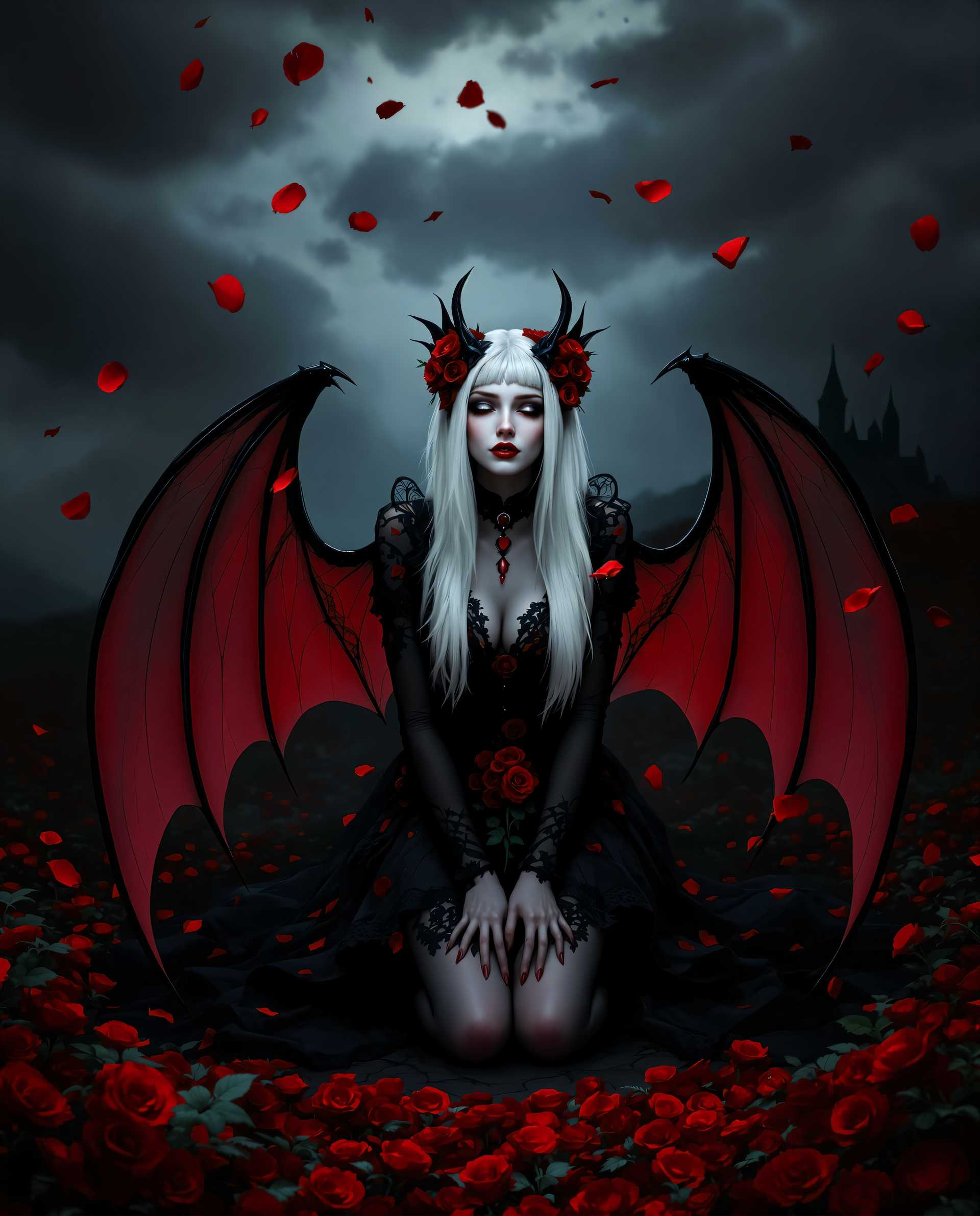 masterpiece, best quality, highres, sharp image, more detail <lora:more_details:0.5> <lora:SDXLrender_v2.0:1>, This is a realistic photo (photograph) of a female real person digital artwork that depicts a figure with white hair and pale skin, dressed in a black and red outfit with lace details and roses. The figure has batlike wings with a translucent quality, and they are kneeling with their hands clasped together in front of them. The wings are spread out behind them, and they have a somewhat melancholic or serene expression on their face.The setting is a dark, gothic landscape with a castle in the background, and the sky is overcast with dark clouds. There are red rose petals falling from the sky, and the ground is covered in a carpet of red roses. The color palette is primarily dark with vibrant reds, and the lighting is dramatic, with shadows and highlights that give the scene a moody and atmospheric quality.The art style is fantasy with a gothic influence, and the medium appears to be digital painting, given the smooth gradients and blending of colors. The attention to detail in the textures of the clothing, the wings, and the roses adds depth and realism to the image.