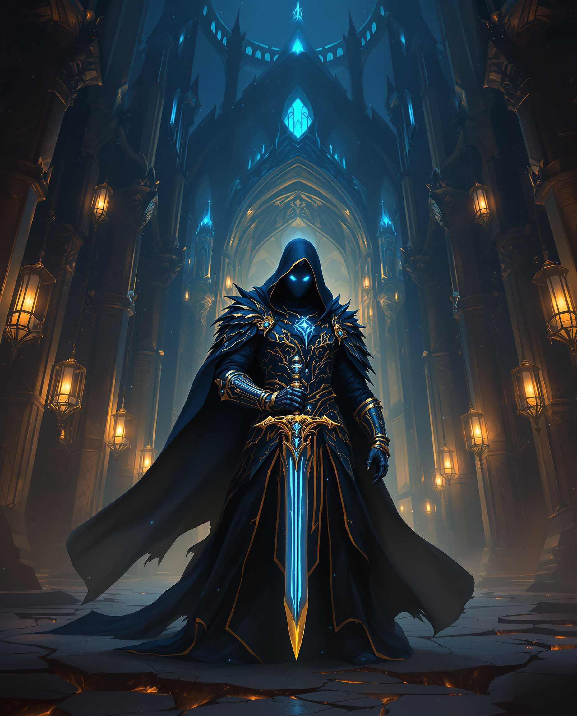 masterpiece, best quality, highres, sharp image, more detail, A breathtaking digital painting of a high fantasy scene, steeped in mystique and grandeur. The artwork features a central figure cloaked in shadow, standing powerfully in the foreground, their piercing eyes glowing with an eerie, luminescent blue light. The figure is adorned in ornate, black armor with intricate gold trim, the surface textured with delicate scales or feathers that shimmer faintly, exuding an otherworldly aura of authority and enigma. In their grasp is a radiant, double-edged sword, pulsating with arcane energy, its blade emitting a soft, ethereal glow that pierces the surrounding darkness. The sword’s hilt is a masterpiece of craftsmanship, encrusted with glittering gemstones and intricate metalwork that catch the light with every subtle movement.

The color palette is rich and moody, dominated by deep shades of blue and black, contrasted by warm, vibrant gold accents that draw the eye to the figure and the sword. The blues possess a magical, glowing quality, creating a sense of depth and enchantment, while the gold provides a striking, regal warmth. The lighting is dramatic, with soft, diffused illumination emanating from the sword and subtle highlights casting intricate shadows across the armor and surroundings.

In the background looms a grand, gothic structure, its architecture awe-inspiring with towering pointed arches, elaborate carvings, and a palpable sense of ancient history. The structure is bathed in a faint, mystical blue light from hanging lanterns, their glow adding to the atmospheric depth and reinforcing the scene’s haunting beauty. The interplay of light and shadow enhances the three-dimensionality of the space, creating a cavernous, almost sacred ambiance.

Beneath the figure, the floor is cracked and shattered, with jagged shards of stone scattered across the surface, hinting at a long-forgotten battle or the weight of time itself. The composition is carefully balanced, with the figure positioned centrally, framed by the looming architecture, and the camera angle slightly low to emphasize their dominance and the sword’s significance. The overall mood is one of mystery and power, set in a timeless, otherworldly realm under a starless, twilight sky, evoking a sense of both wonder and foreboding.

Rendered in a highly detailed digital painting style reminiscent of classic high fantasy art, with smooth gradients, meticulous attention to texture, and a cinematic quality that invites the viewer to uncover the untold story of this enigmatic guardian and their legendary weapon.