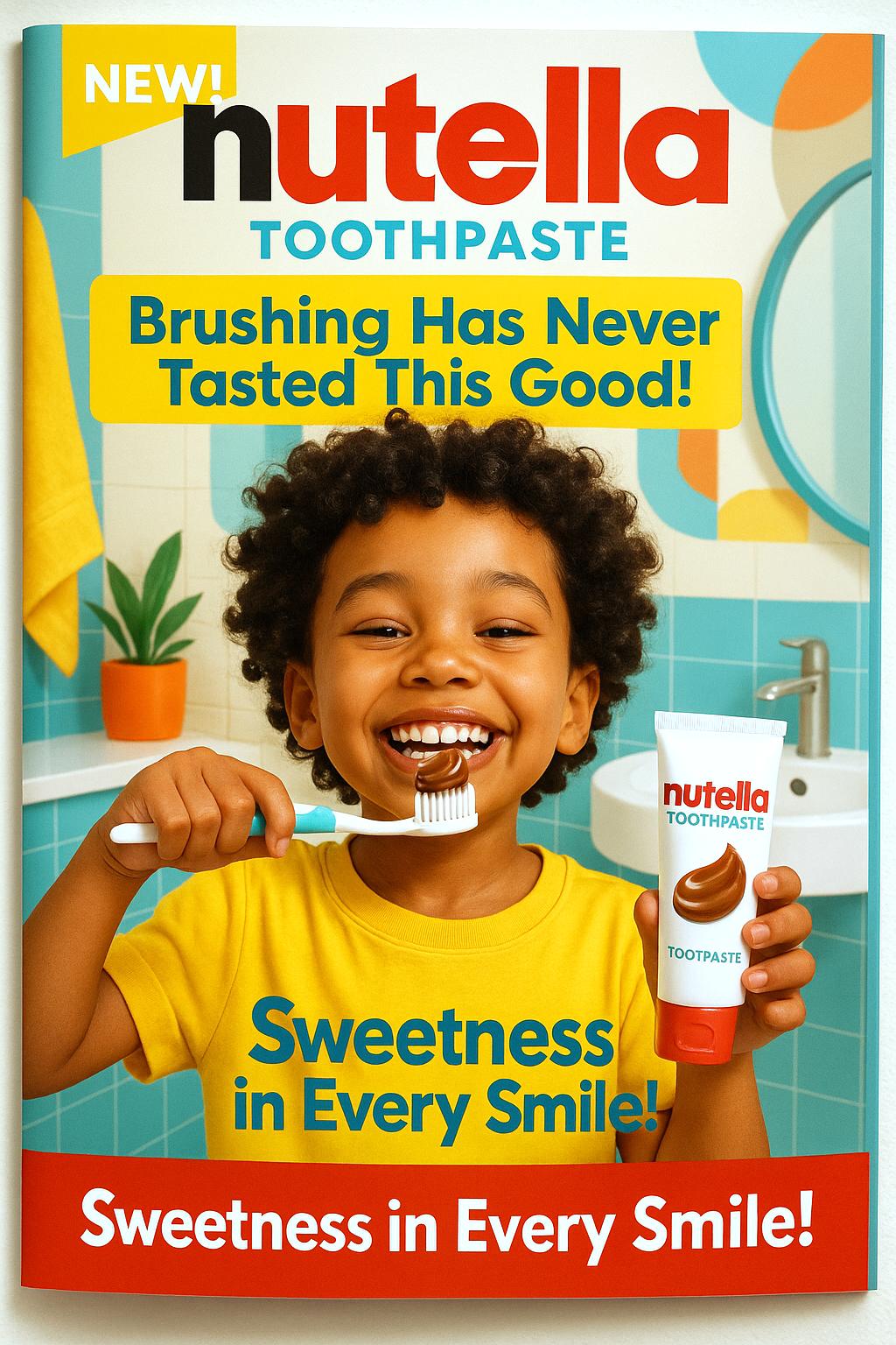 A modern, 2025-style magazine advertisement for ‘Nutella’ children’s toothpaste. The Nutella logo must appear exactly as it does on the world-famous Nutella jar, using the original font and colors. The scene shows a very happy child in a bright, clean, and stylish bathroom, brushing their teeth with Nutella toothpaste. The toothpaste looks creamy, chocolatey, and irresistibly sweet. The child smiles widely, their eyes sparkling with joy, clearly showing that brushing has never been this delicious and fun. The design is vibrant, playful, and sleek, with bright colors and modern graphics. Fun English slogans are included, such as: ‘New! Nutella Toothpaste – Brushing Has Never Tasted This Good!’ and ‘Sweetness in Every Smile!’ The overall atmosphere is joyful, energetic, and irresistible, making Nutella toothpaste the dream product for kids.