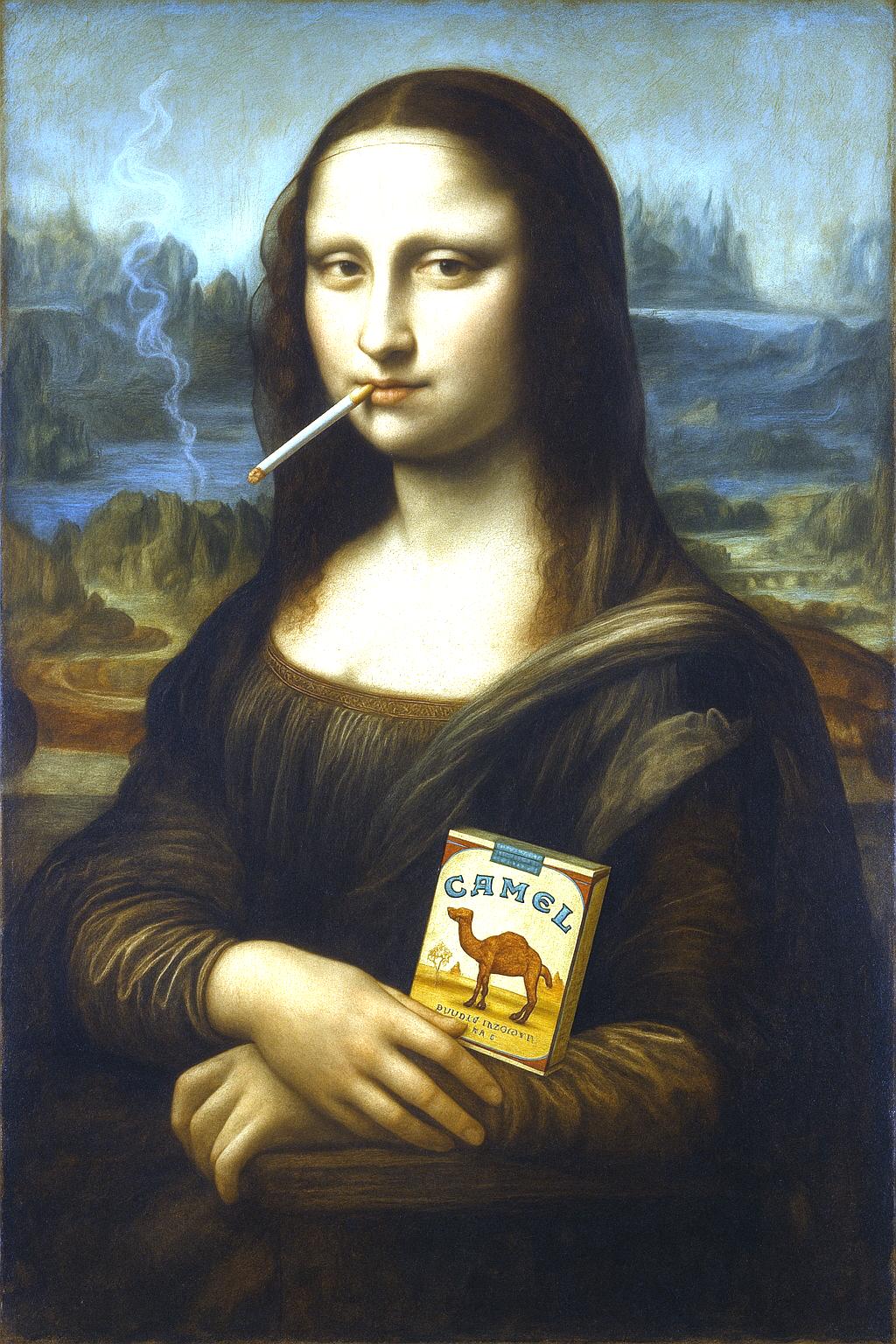 Image of renaissance oil painting of Mona Lisa smoking a cigarette and holding a Camel cigarette box