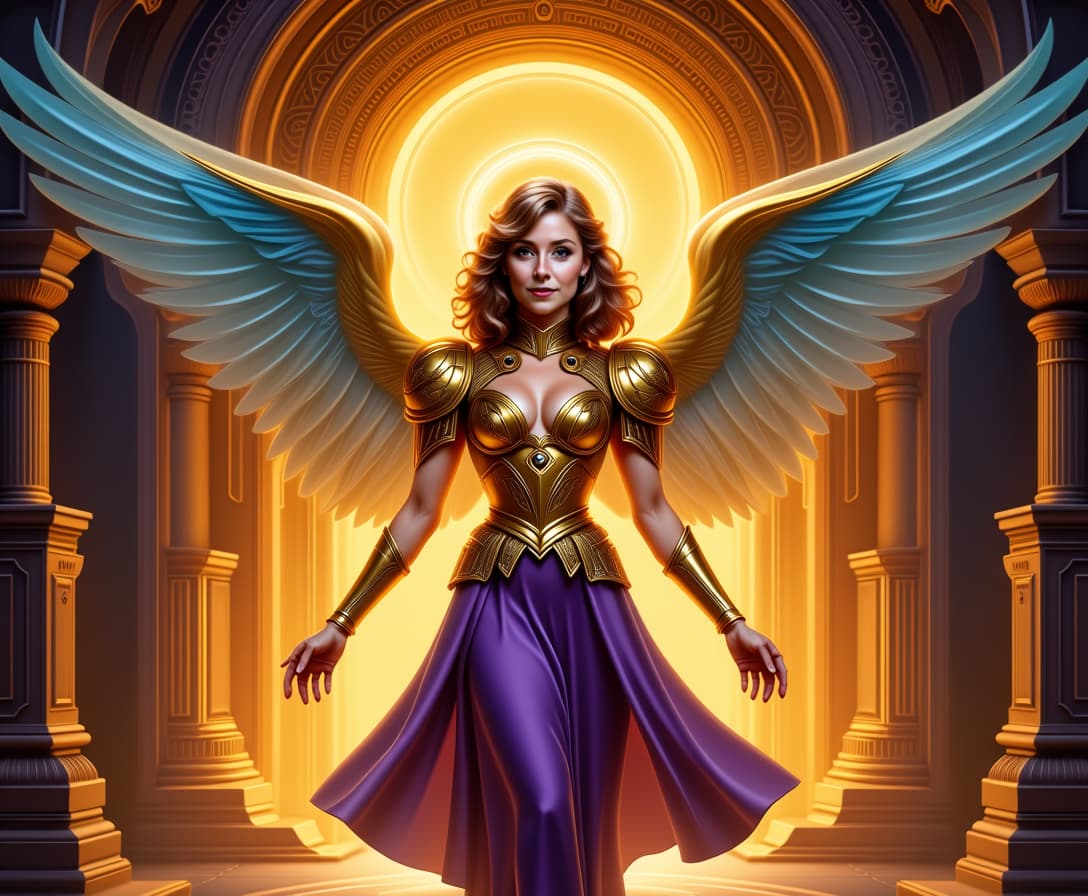 Kira-Super, A female Angel, A fantastical digital illustration depicts an ethereal female figure standing at the center, caucasian breed, radiating a divine glow. She wears ornate golden armor with intricate designs, covering her shoulders, chest, and abdomen. The armor features symmetrical patterns, swirls, and eye-like symbols, emphasizing its divine nature. Her wings are spread wide, showcasing a gradient from deep blue at the edges to golden brown at the center, with delicate feather details emphasizing their otherworldly quality. The armor extends to her waist, where a deep purple skirt flows elegantly, revealing a high slit that highlights her left leg. The skirt appears soft and silky, draping down to her ankles. In her hands, she holds small golden objects, possibly weapons or amulets. Her expression is calm and confident, with a gentle smile. Her wavy brown hair cascades down her back, framing her face. Behind her is an elaborate golden archway with intricate carvings, forming a halo effect that enhances the celestial atmosphere. The background features a highly detailed, ornate golden door with swirling patterns, Celtic-inspired knotwork, and symmetrical designs, creating a sense of depth and grandeur. The lighting is soft and diffused, emanating from behind her head, creating a halo effect and casting a warm, golden glow over the scene. This, combined with the rich color palette of gold, deep purple, and various shades of blue, creates a mystical and majestic ambiance. The overall composition is symmetrical and centered, emphasizing the character's divine nature and regal presence in this richly detailed fantasy scene.