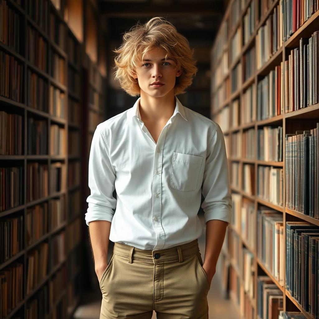 Young man, mid twenties. Slightly built and somewhat delicate looking, dirty blonde hair, long and messy. White button down shirt, black tie, and khaki trousers. He's standing in a library, full of old books