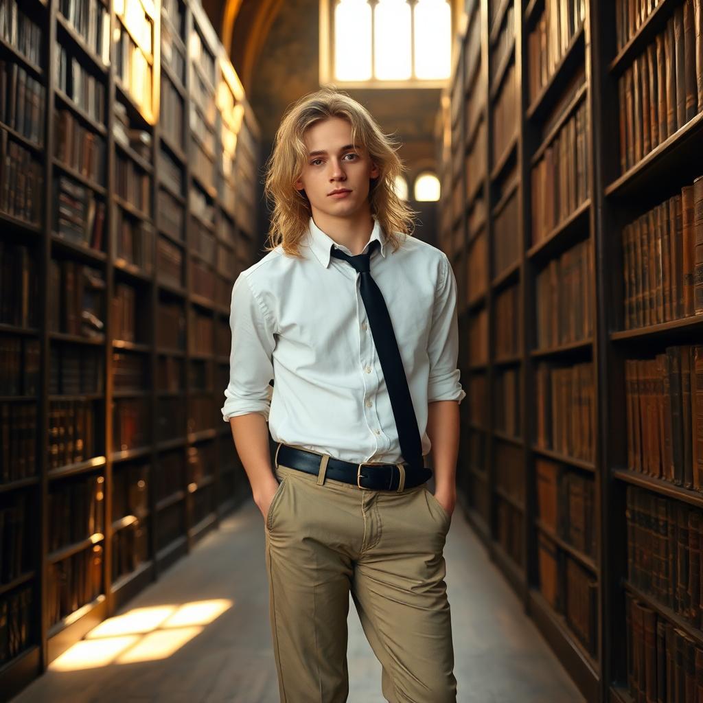 A young man in his mid-twenties, with a slightly built and delicate frame, standing in an ancient, dimly lit library surrounded by towering shelves of old, leather-bound books. He has long, messy dirty blonde hair that falls carelessly over his pale, thoughtful face. He wears a crisp white button-down shirt, slightly untucked, paired with a loosely knotted black tie and well-fitted khaki trousers. The library exudes a timeless, scholarly atmosphere, with warm, golden light streaming through tall, arched windows, casting soft shadows on the worn wooden floors. Dust motes float in the air, illuminated by the light, adding a sense of quiet nostalgia. The composition focuses on the young man positioned slightly off-center, leaning casually against a bookshelf, with a pensive expression as if lost in thought. The camera angle is at eye level, capturing the intricate details of the weathered book spines, the texture of his shirt, and the subtle creases in his trousers. The mood is serene and introspective, evoking a late afternoon ambiance with a hint of mystery, rendered in a realistic, cinematic style with a soft depth of field and rich, warm color tones.