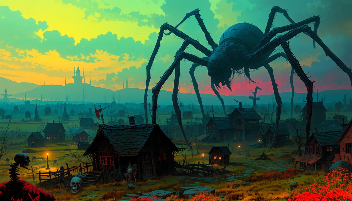 FantasyArt style, low-light horror movie scene, colorful gradients.

A giant spider walking in the far horizon with a medieval village overrun by skeletons in the foreground