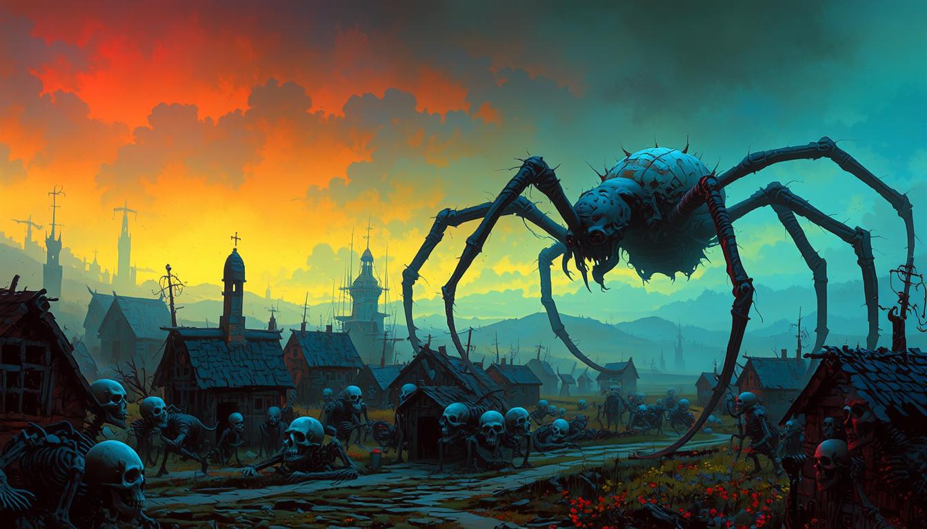FantasyArt style, low-light horror movie scene, colorful gradients.

A giant spider walking in the far horizon with a medieval village overrun by skeletons in the foreground