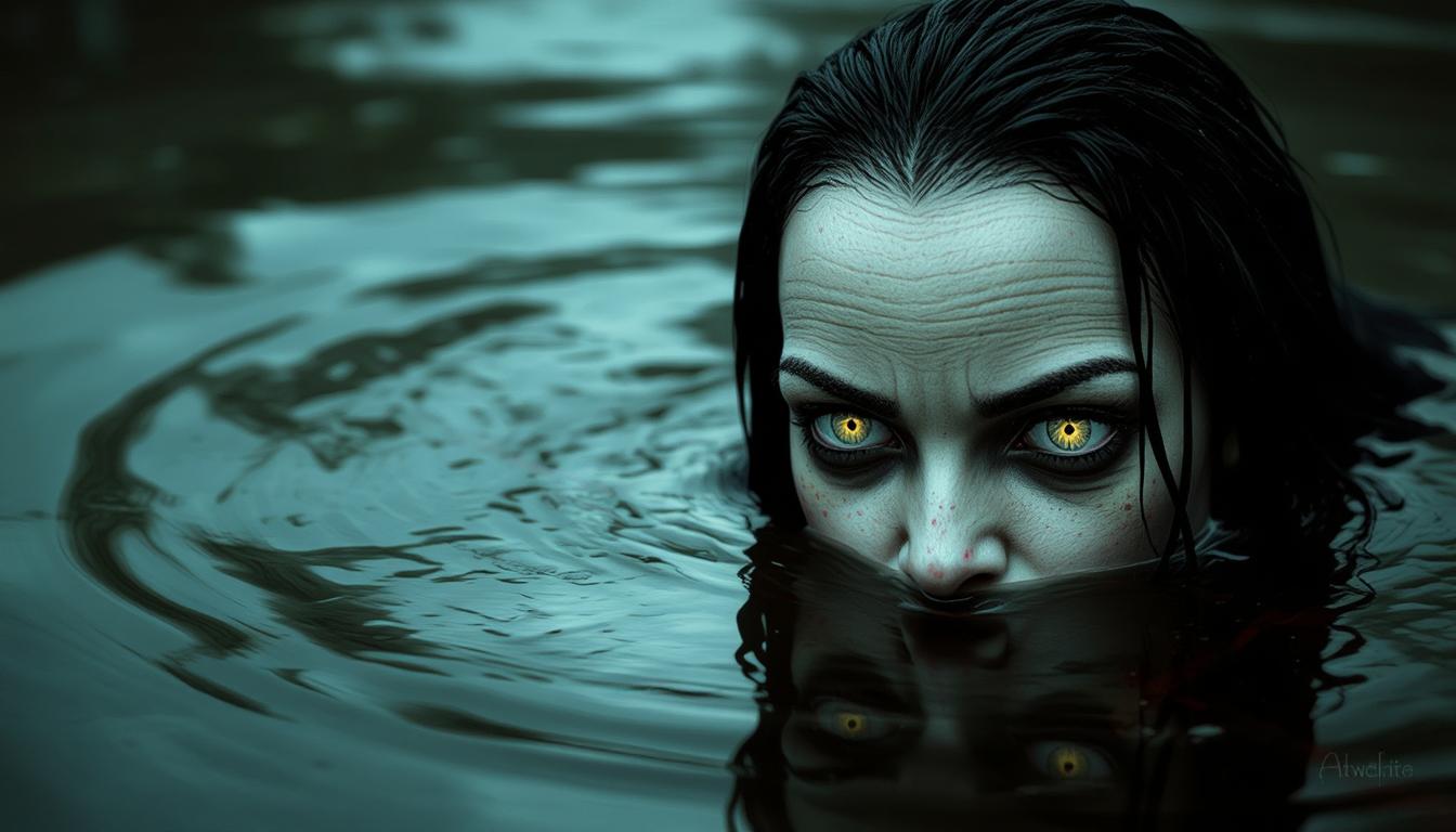 ArtPhoto style, female humanoid water creature with glowing eyes, hiding in murky water in a scary fairytale movie still