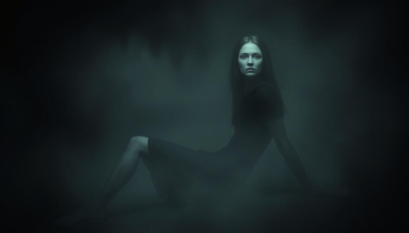 ArtPhoto style, misty, mysterious,  weird, anxious, twisted. long legged model