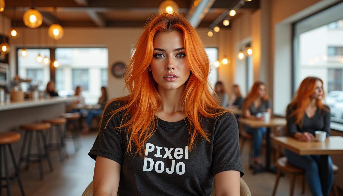A photo of TOKONIAORANGEHAIR, sitting in a modern cafe werating a shirt that reads "Pixel Dojo"