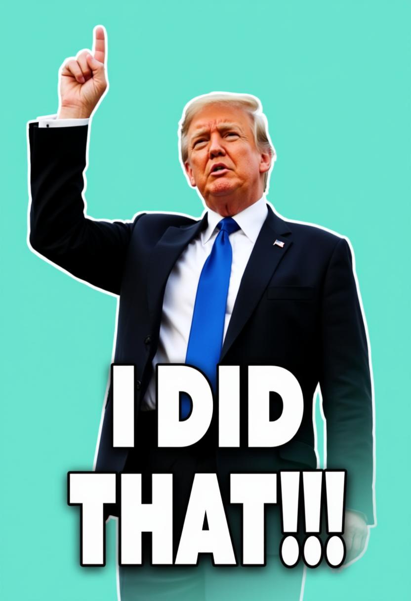 a photo of MAGA, , The image features Donald Trump in a dark suit with a blue tie, standing against a plain teal background. The figure is captured midgesture, with one arm extended upwards and the index finger pointed skyward. The pose suggests a moment of declaration or emphasis. The figures expression is not visible, but the gesture implies a sense of pride or achievement.Below the figure, there is a bold, capitalized text that reads "I DID THAT!!!" This text is white with a black outline, and it contrasts sharply against the teal background, drawing immediate attention to the statement. The font is modern and sansserif, which complements the contemporary feel of the image.The overall art style of the image is minimalist, with a focus on the figure and the impactful statement. The use of color is limited, with the teal background providing a calm, neutral tone that allows the figure and the text to stand out. The white text with a black outline is a common choice for emphasis in graphic design, as it creates a visual impact that is both bold and legible.The medium of the image is digital, as evidenced by the crisp edges and the clean lines of the text. The image appears to be a sticker or a graphic that could be used on various platforms for social media, messaging apps, or as a meme. The simplicity of the design makes it versatile for different contexts, potentially conveying a sense of accomplishment or boasting in a humorous or satirical way.