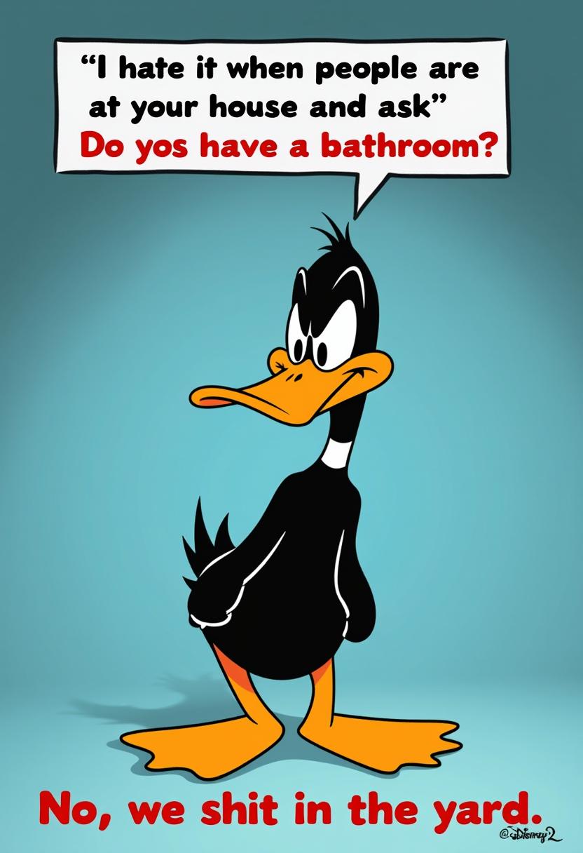 The image features a daffy duck cartoon depiction of a black and white duck with an exaggerated, somewhat comical appearance. The duck is standing upright on its legs, with its body slightly leaning forward and its wings resting on its back. The ducks eyes are wide open and its beak is slightly agape, giving it a surprised or indignant expression. The ducks feet are large and orange, with webbed toes, and they are positioned as if it is standing on a hard surface.The background of the image is a simple gradient of blue shades, transitioning from a darker blue at the top to a lighter blue at the bottom. This gradient background gives the image a sense of depth and focuses attention on the duck.Above the duck, there is a block of text in a bold, sansserif font that reads, "I hate it when people are at your house and ask Do you have a bathroom?" Below the duck, there is another block of text on the bottom that reads  "No, we shit in the yard" The text is in a smaller font and is colored in a bright red, which stands out against the blue background and the black and white of the duck.The overall art style of the image is reminiscent of classic cartoons, with its exaggerated features and bold lines. The medium appears to be digital, given the clean lines and the crispness of the text. The colors used are limited, primarily consisting of black, white, orange, and shades of blue, which gives the image a stark and humorous contrast. The objects in the image are primarily the duck and the text, with no additional props or scenery to distract from the central figure. Disney pixar 