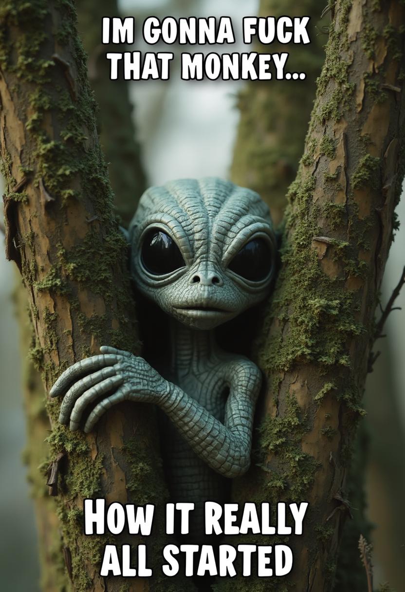 The image depicts a scene with a humorous twist, featuring a figure that resembles an scaly textured alien, looking between 2 tree branchs. The art style is a digital composite, combining a realistic depiction of the tree bark and moss with a more stylized, cartoonish representation of the alien character. The medium appears to be a digital photograph with added graphical elements.The colors in the image are earthy and muted, with browns, greens, and grays dominating the palette. The tree bark is textured and mosscovered, giving a sense of age and natural decay. The alien figure is a lighter, silverygray color, which stands out against the darker tones of the tree.The objects in the image include the tree trunk, which is thick and rugged, with a natural split of branches is where the alien is looking through. The moss clinging to the bark adds a touch of greenery to the scene. The alien character is humanoid with large, black eyes and a small mouth, giving it a somewhat surprised or startled expression. It has a metallic sheen, suggesting it might be made of a material similar to stainless steel or aluminum.The text overlay on the image reads, top "IM GONNA FUCK THAT MONKEY..." bottom "HOW IT REALLY ALL STARTED" This caption adds a layer of humor, implying a backstory or origin story that is incongruous with the innocent and serene setting of the image. The text is in a bold, white font with a shadow effect, making it stand out against the darker background of the image.