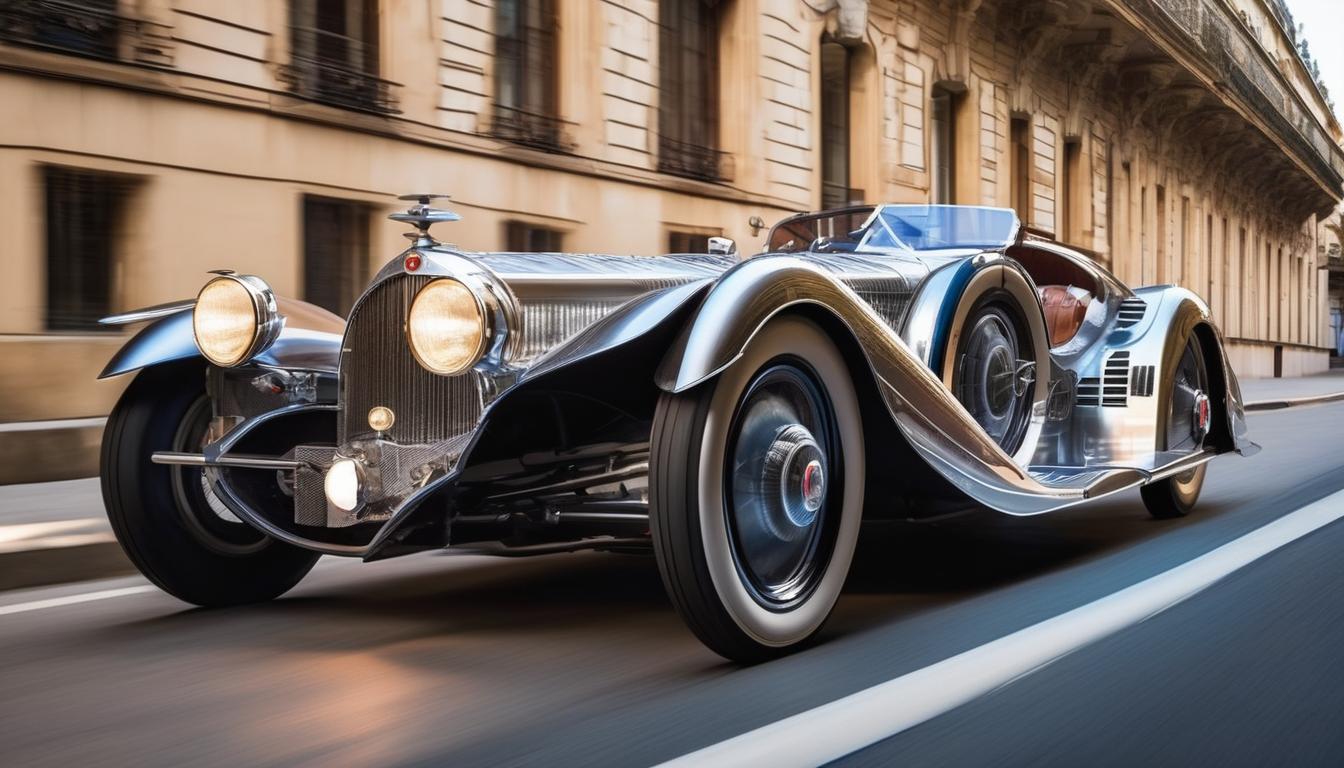 a retro-futuristic silver Bugatti Royale Batmobile, in the style of Syd Mead