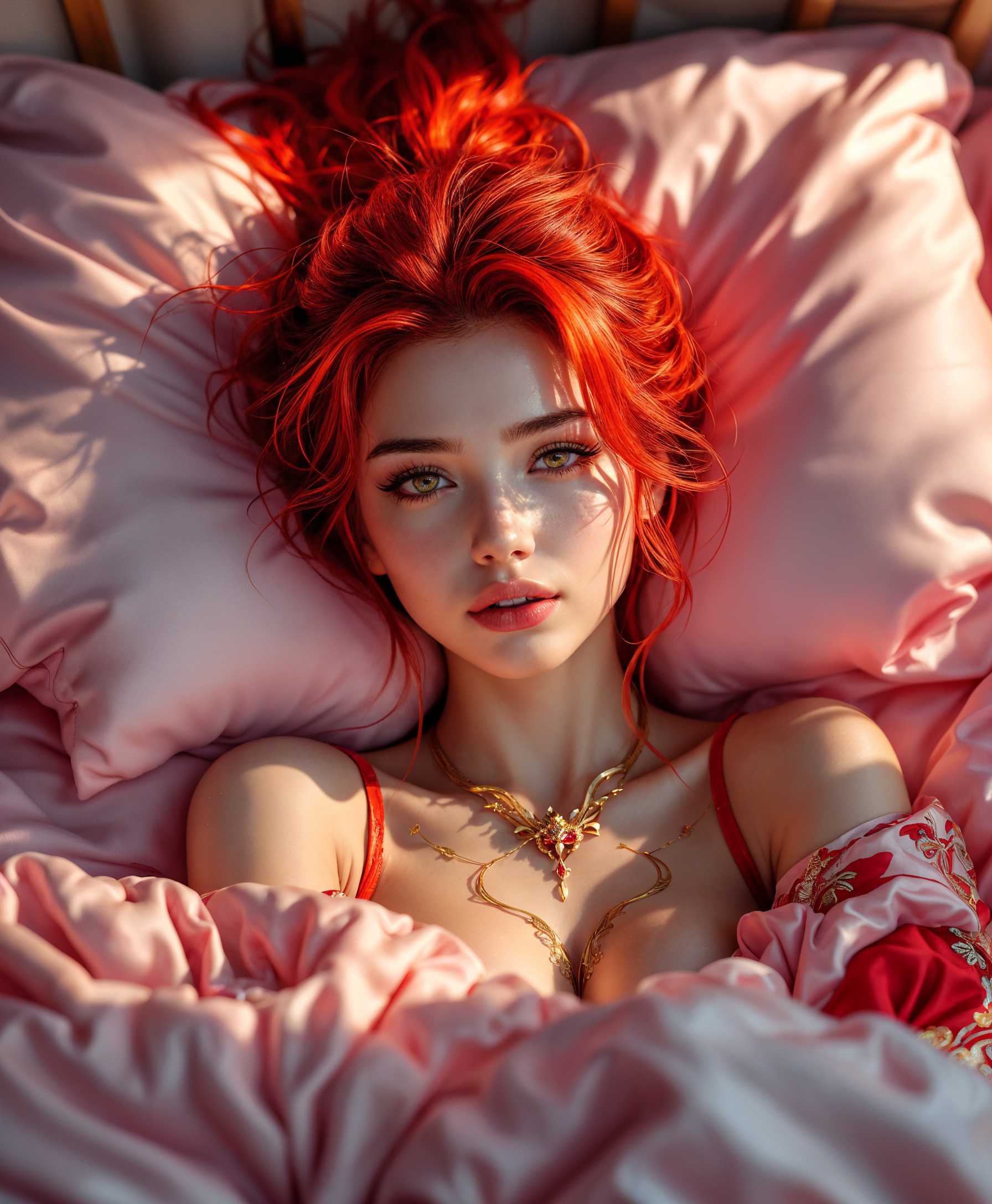 masterpiece, best quality, highres, sharp image, more detail, A hyper-realistic 8K photograph of a stunningly beautiful female character inspired by Mavuika from the "Genshin Impact" game series, portrayed as a real human. She is lying gracefully on a soft, plush pink bed with satin sheets that shimmer subtly under warm, natural light streaming through a nearby window. Her vibrant, fiery red hair cascades over the pillows, contrasting with the delicate pastel tones of the bedding. Her piercing, expressive eyes gaze directly at the viewer with a captivating, gentle intensity. Her flawless skin has a natural, dewy glow, with subtle freckles and realistic texture visible in ultra-high detail. She wears an intricate, elegant outfit inspired by her in-game design, featuring bold reds and golds with intricate patterns and embroidery that catch the light beautifully. The composition is framed in a medium close-up shot, with a shallow depth of field, softly blurring the background to emphasize her striking features and the luxurious textures of the bed. The camera angle is slightly above her, creating an intimate and inviting perspective. The mood is serene and warm, with a late afternoon golden hour light casting a soft, dreamy glow across the scene. Captured with a high-end DSLR, the image showcases photorealistic details, sharp focus on her face, and a cinematic quality that feels lifelike and immersive.