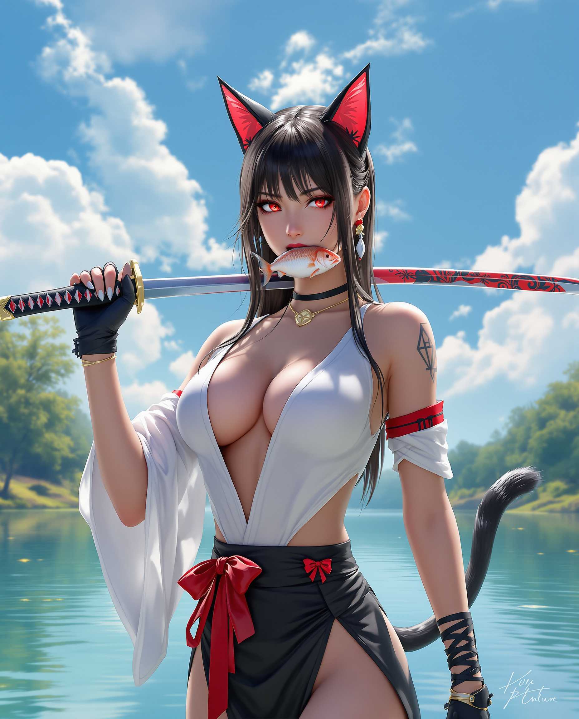 masterpiece, best quality, highres, sharp image, more detail <lora:more_details:0.5> <lora:SDXLrender_v2.0:1>, A hyper-realistic digital painting of a striking female character with a unique, modernized Japanese-inspired aesthetic, captured in a serene natural setting. She wears a bold white and black outfit with vivid red accents, featuring a low-cut top with a daring high slit down the front, a black belt adorned with a prominent red bow, and a black skirt with intricate red detailing, reminiscent of a traditional kimono reimagined with a contemporary edge. Her long, wet hair cascades down her shoulders, shimmering with red highlights, and a sleek black tail with red accents sways behind her. Catlike ears with red inner linings and a matching red band add a playful, feline charm. Her piercing red eyes gleam with intensity as she holds a fish in her mouth, adding a whimsical yet fierce touch. In her gloved hands—black with red detailing resembling cat paws—she wields a katana with a striking red hilt and an intricately engraved blade, casually resting on her shoulder. The textures of her outfit are meticulously rendered, with smooth silk-like fabric, subtle creases, and reflective accents catching the light. The background showcases a tranquil lake surrounded by lush, vibrant greenery under a clear blue sky dotted with fluffy white clouds. The calm water mirrors the sky and trees, with gentle ripples adding a sense of quiet movement, while bright sunlight filters through the clouds, casting a warm, golden glow across the scene. The composition centers the character in a confident, dynamic pose, framed by the natural beauty of the lake and foliage, with a slightly low camera angle emphasizing her commanding presence. The mood is a captivating blend of serenity and strength, with a harmonious color palette of deep blues, rich greens, and bold reds creating a visually stunning balance. The artwork prioritizes hyper-detailed realism, focusing on lifelike textures, reflective surfaces, and smooth gradients, evoking the precision of high-end digital photography and painting techniques.