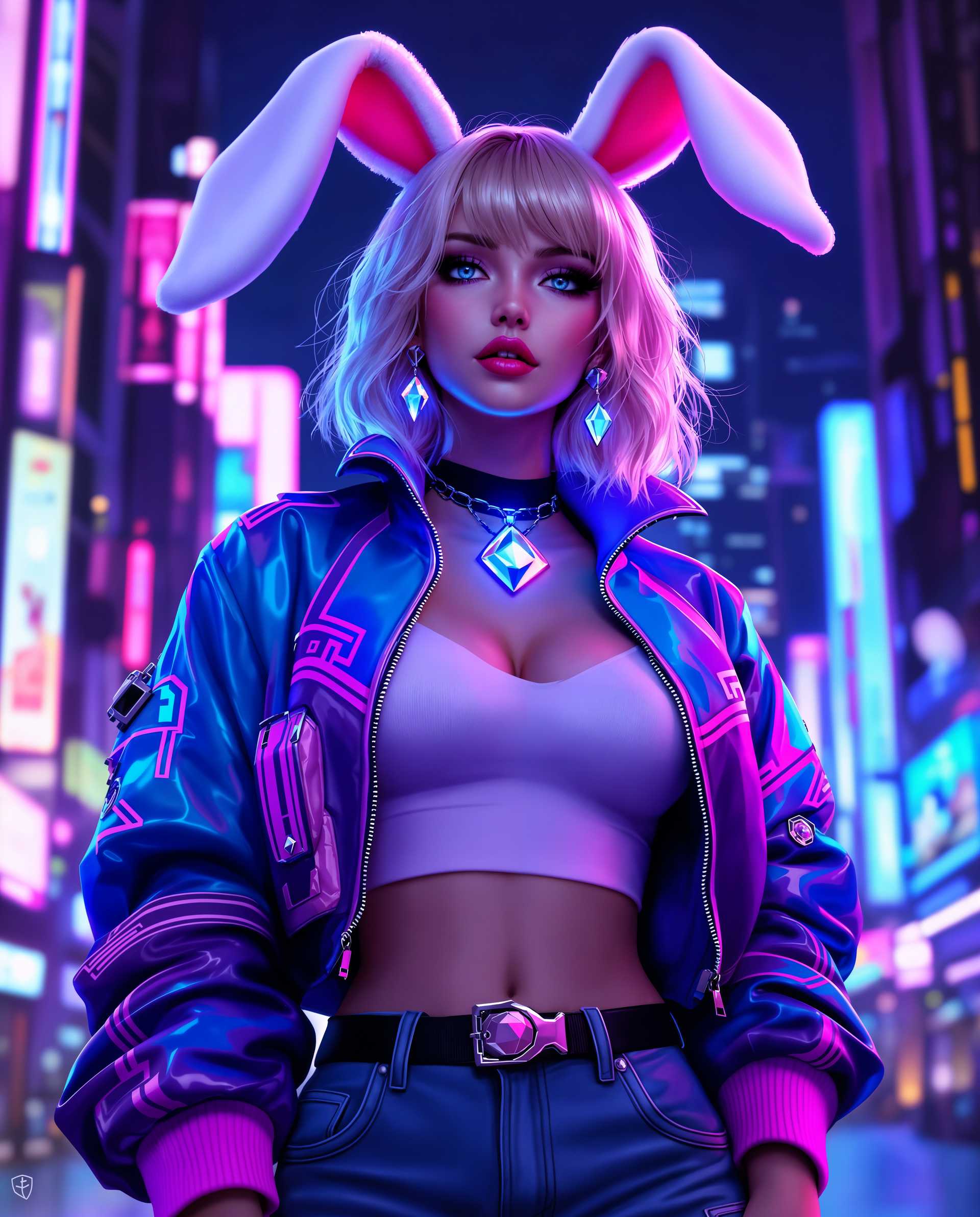 masterpiece, best quality, highres, sharp image, more detail <lora:more_details:0.5> <lora:SDXLrender_v2.0:1>, masterpiece, best quality, highres, sharp image, more detail, This image is a realistic photo (photograph) of a female real person digital artwork that features a stylized female figure with realistic characteristics. The art style is highly detailed and rendered with a photorealistic approach, utilizing vibrant colors and intricate textures to create a lifelike appearance. The medium appears to be a digital painting, given the smooth blending of colors and the lack of brush strokes.The figure is adorned with large, floppy bunny ears that are predominantly white with hints of pink, which adds a playful and whimsical element to the character. The hair is a short, wavy blonde that cascades down the figures shoulders, with the ends of the strands catching the neon lights in the background, giving them a luminous quality.The figure is dressed in a futuristic outfit that combines elements of streetwear and cyberpunk fashion. The jacket is a glossy, patent leather material in shades of blue and purple, with a high collar and a zippered front. The sleeves are adorned with a pattern of what appears to be circuitlike designs, and the cuffs are edged with a bright pink trim. The jacket is layered over a white crop top that features a black laceup front, adding a touch of edginess to the ensemble.The figure is accessorized with a choker necklace that has a prominent, glowing gemstone pendant, and a pair of matching earrings. The gemstone is a vivid blue with a pink hue, and it emits a soft, ethereal light. The figure also wears a pair of denim jeans that are fitted at the waist and taper towards the ankles, secured with a belt that has a metallic buckle.The background is a neonlit urban night scene, with towering buildings and a myriad of lights in shades of blue, purple, and pink. The lighting casts a dynamic glow on the figure, creating a sense of depth and movement within the composition. The overall effect is one of a vibrant, energetic atmosphere that is both futuristic and inviting.