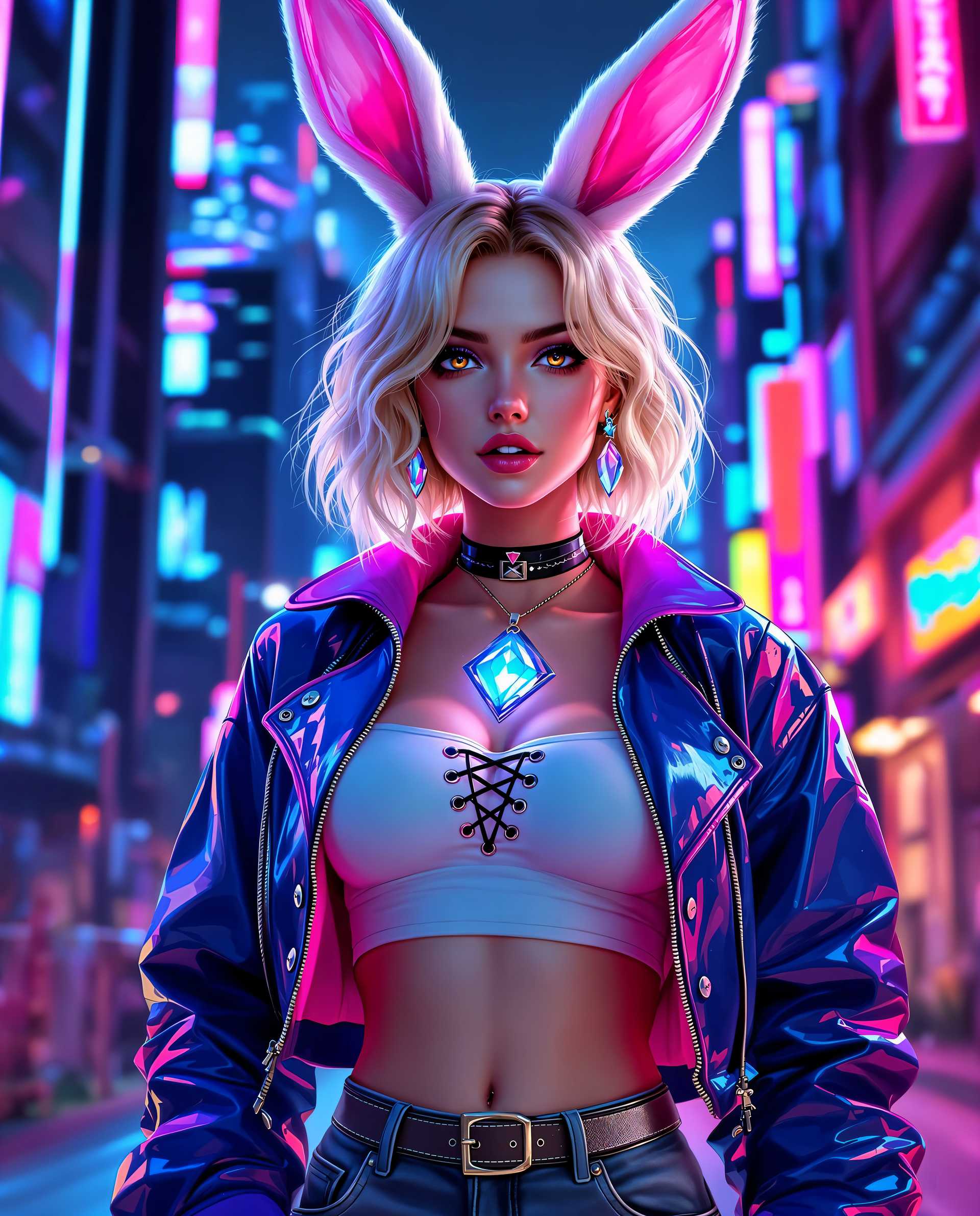 masterpiece, best quality, highres, sharp image, more detail <lora:more_details:0.5> <lora:SDXLrender_v2.0:1>, This image is a realistic photo (photograph) of a female real person digital artwork that features a stylized female figure with realistic characteristics. The art style is highly detailed and rendered with a photorealistic approach, utilizing vibrant colors and intricate textures to create a lifelike appearance. The medium appears to be a digital painting, given the smooth blending of colors and the lack of brush strokes.The figure is adorned with large, floppy bunny ears that are predominantly white with hints of pink, which adds a playful and whimsical element to the character. The hair is a short, wavy blonde that cascades down the figures shoulders, with the ends of the strands catching the neon lights in the background, giving them a luminous quality.The figure is dressed in a futuristic outfit that combines elements of streetwear and cyberpunk fashion. The jacket is a glossy, patent leather material in shades of blue and purple, with a high collar and a zippered front. The sleeves are adorned with a pattern of what appears to be circuitlike designs, and the cuffs are edged with a bright pink trim. The jacket is layered over a white crop top that features a black laceup front, adding a touch of edginess to the ensemble.The figure is accessorized with a choker necklace that has a prominent, glowing gemstone pendant, and a pair of matching earrings. The gemstone is a vivid blue with a pink hue, and it emits a soft, ethereal light. The figure also wears a pair of denim jeans that are fitted at the waist and taper towards the ankles, secured with a belt that has a metallic buckle.The background is a neonlit urban night scene, with towering buildings and a myriad of lights in shades of blue, purple, and pink. The lighting casts a dynamic glow on the figure, creating a sense of depth and movement within the composition. The overall effect is one of a vibrant, energetic atmosphere that is both futuristic and inviting.