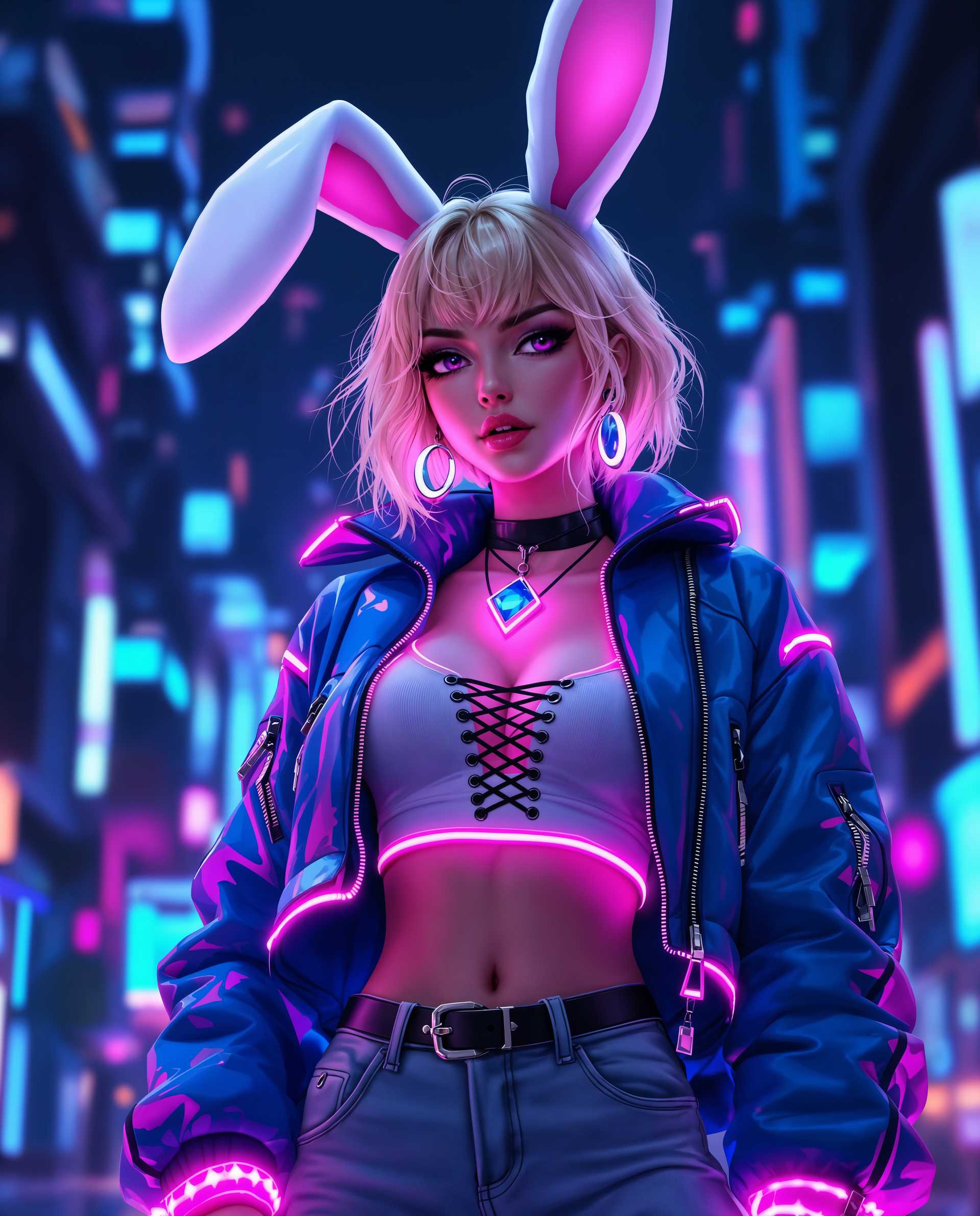 masterpiece, best quality, highres, sharp image, more detail <lora:more_details:0.5> <lora:SDXLrender_v2.0:1>, masterpiece, best quality, highres, sharp image, more detail, This image is a realistic photo (photograph) of a female real person digital artwork that features a stylized female figure with realistic characteristics. The art style is highly detailed and rendered with a photorealistic approach, utilizing vibrant colors and intricate textures to create a lifelike appearance. The medium appears to be a digital painting, given the smooth blending of colors and the lack of brush strokes.The figure is adorned with large, floppy bunny ears that are predominantly white with hints of pink, which adds a playful and whimsical element to the character. The hair is a short, wavy blonde that cascades down the figures shoulders, with the ends of the strands catching the neon lights in the background, giving them a luminous quality.The figure is dressed in a futuristic outfit that combines elements of streetwear and cyberpunk fashion. The jacket is a glossy, patent leather material in shades of blue and purple, with a high collar and a zippered front. The sleeves are adorned with a pattern of what appears to be circuitlike designs, and the cuffs are edged with a bright pink trim. The jacket is layered over a white crop top that features a black laceup front, adding a touch of edginess to the ensemble.The figure is accessorized with a choker necklace that has a prominent, glowing gemstone pendant, and a pair of matching earrings. The gemstone is a vivid blue with a pink hue, and it emits a soft, ethereal light. The figure also wears a pair of denim jeans that are fitted at the waist and taper towards the ankles, secured with a belt that has a metallic buckle.The background is a neonlit urban night scene, with towering buildings and a myriad of lights in shades of blue, purple, and pink. The lighting casts a dynamic glow on the figure, creating a sense of depth and movement within the composition. The overall effect is one of a vibrant, energetic atmosphere that is both futuristic and inviting.