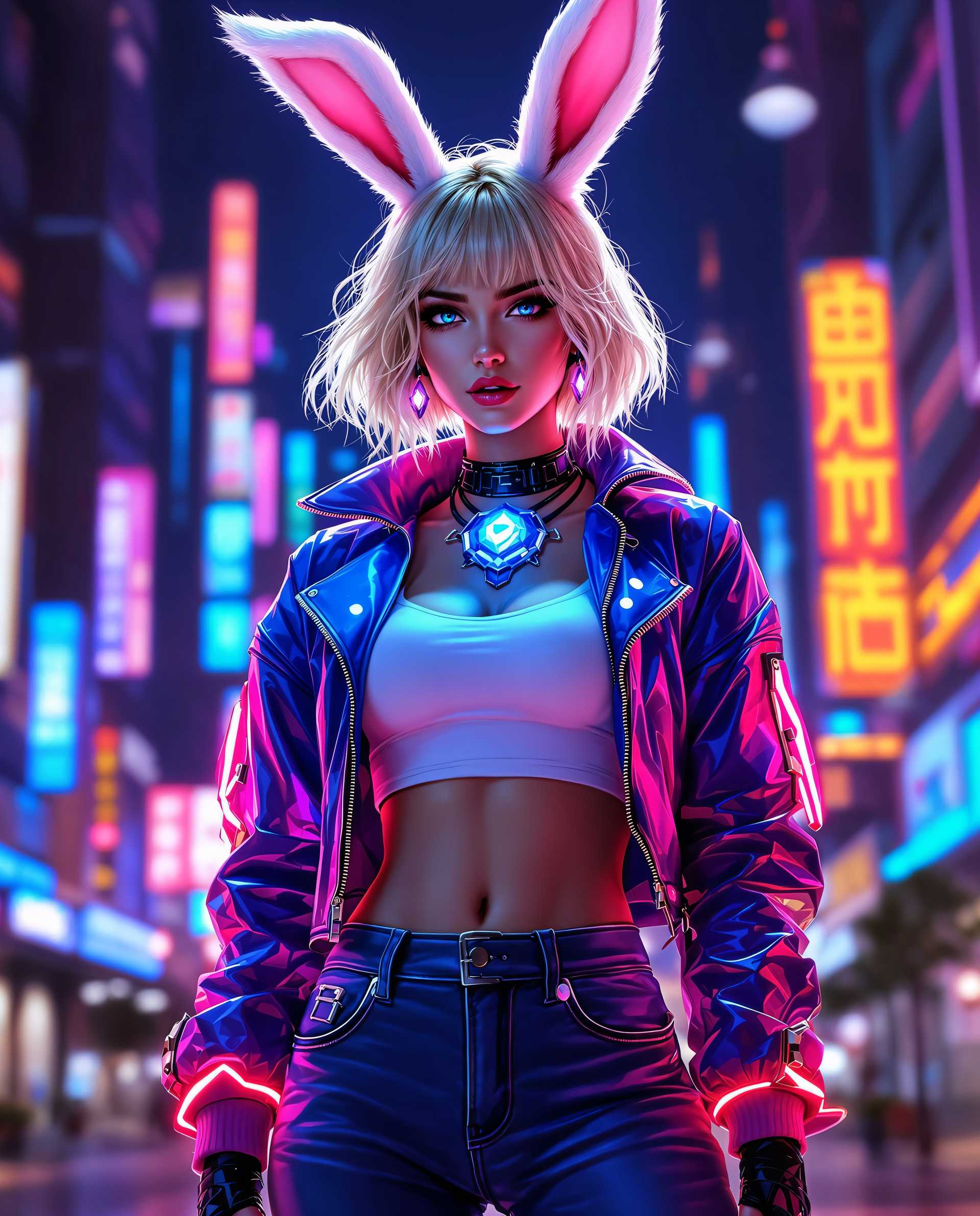 masterpiece, best quality, highres, sharp image, more detail <lora:more_details:0.5> <lora:SDXLrender_v2.0:1>, This image is a realistic photo (photograph) of a female real person digital artwork that features a stylized female figure with realistic characteristics. The art style is highly detailed and rendered with a photorealistic approach, utilizing vibrant colors and intricate textures to create a lifelike appearance. The medium appears to be a digital painting, given the smooth blending of colors and the lack of brush strokes.The figure is adorned with large, floppy bunny ears that are predominantly white with hints of pink, which adds a playful and whimsical element to the character. The hair is a short, wavy blonde that cascades down the figures shoulders, with the ends of the strands catching the neon lights in the background, giving them a luminous quality.The figure is dressed in a futuristic outfit that combines elements of streetwear and cyberpunk fashion. The jacket is a glossy, patent leather material in shades of blue and purple, with a high collar and a zippered front. The sleeves are adorned with a pattern of what appears to be circuitlike designs, and the cuffs are edged with a bright pink trim. The jacket is layered over a white crop top that features a black laceup front, adding a touch of edginess to the ensemble.The figure is accessorized with a choker necklace that has a prominent, glowing gemstone pendant, and a pair of matching earrings. The gemstone is a vivid blue with a pink hue, and it emits a soft, ethereal light. The figure also wears a pair of denim jeans that are fitted at the waist and taper towards the ankles, secured with a belt that has a metallic buckle.The background is a neonlit urban night scene, with towering buildings and a myriad of lights in shades of blue, purple, and pink. The lighting casts a dynamic glow on the figure, creating a sense of depth and movement within the composition. The overall effect is one of a vibrant, energetic atmosphere that is both futuristic and inviting.