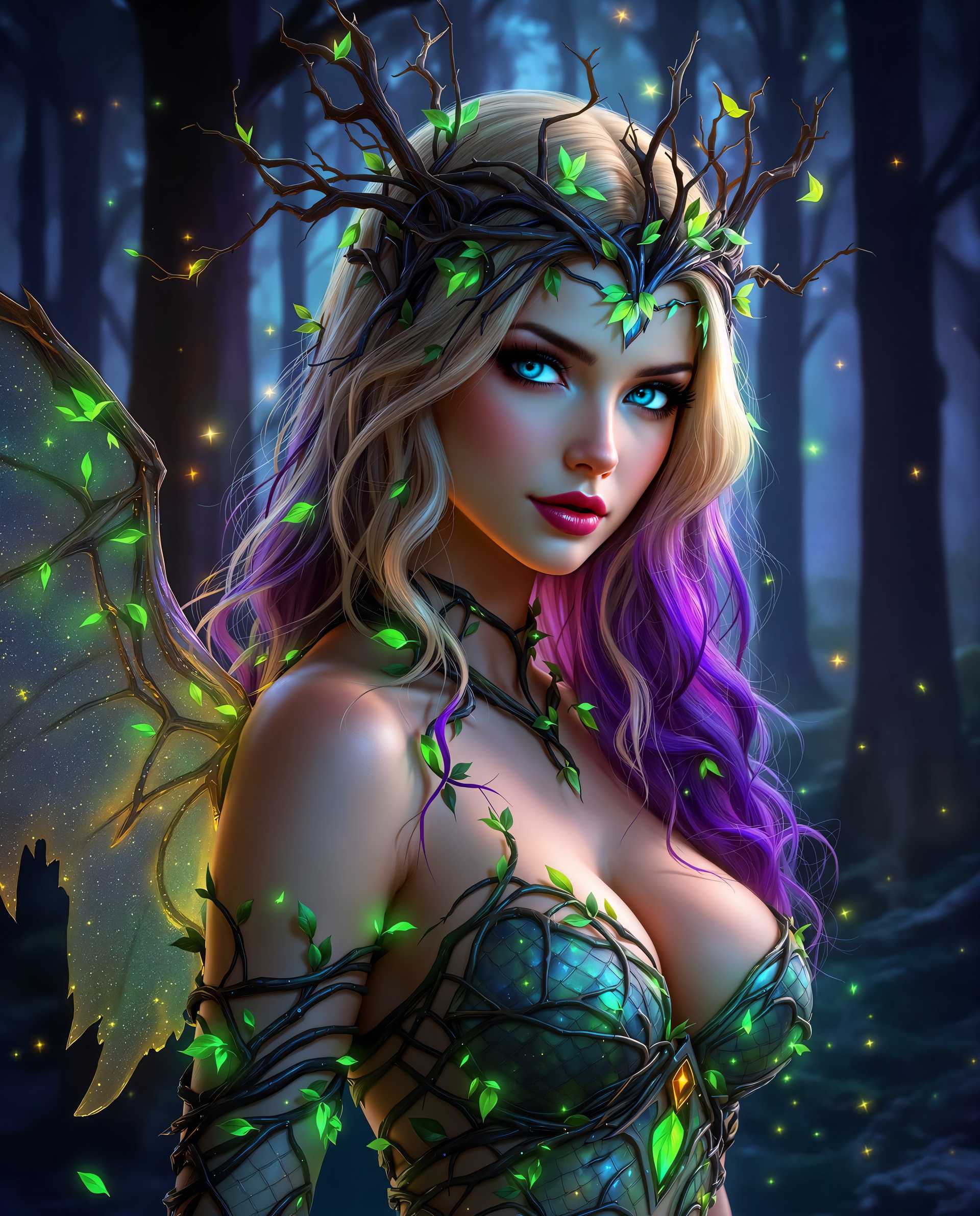 masterpiece, best quality, highres, sharp image, more detail <lora:more_details:0.5> <lora:SDXLrender_v2.0:1>, This image is a realistic photo (photograph) of a female real person digital artwork that exudes a realistic and magical aura. The art style is highly stylized with a focus on detailed textures and a rich, vibrant color palette that suggests a digital painting. The medium appears to be a highresolution digital creation, possibly utilizing software like Photoshop or a similar digital painting tool.The colors in the image are dynamic and saturated, with a predominance of purples, blues, and greens, which are often associated with realistic and the mystical. These colors are complemented by the warm tones of the subjects skin and hair, which stand out against the cool background, creating a striking contrast. The interplay of light and shadow adds depth and dimension to the image, with highlights and shadows carefully placed to give the subject a threedimensional form.The subject of the image is a female figure with striking blue eyes and long, wavy hair that transitions from blonde to a deep purple at the ends. Her hair is adorned with what appears to be a crown or headpiece made of twisted branches and leaves, which further emphasizes her connection to nature. The branches intertwine with strands of her hair, and there are small, glowing green leaves scattered throughout, suggesting a magical or enchanted quality.The figures attire is equally fantastical, with a bodice that resembles armor made of intertwined vines and leaves, shimmering with iridescent highlights. The armor is detailed with what looks like scales or small, reflective stones, adding to the magical allure. The figures skin is adorned with similar leaf patterns, and her left arm is partially obscured by a translucent, winglike appendage that seems to be made of the same material as her armor.The background of the image is a mystical forest scene, with towering trees that reach into the darkness, their trunks and branches blending into the night. The forest floor is covered in a carpet of shimmering, iridescent leaves, and the air is filled with a myriad of sparkling lights, giving the impression of a magical, enchanted realm. The overall effect is one of wonder and realistic, inviting the viewer to step into a world of magic and mystery.