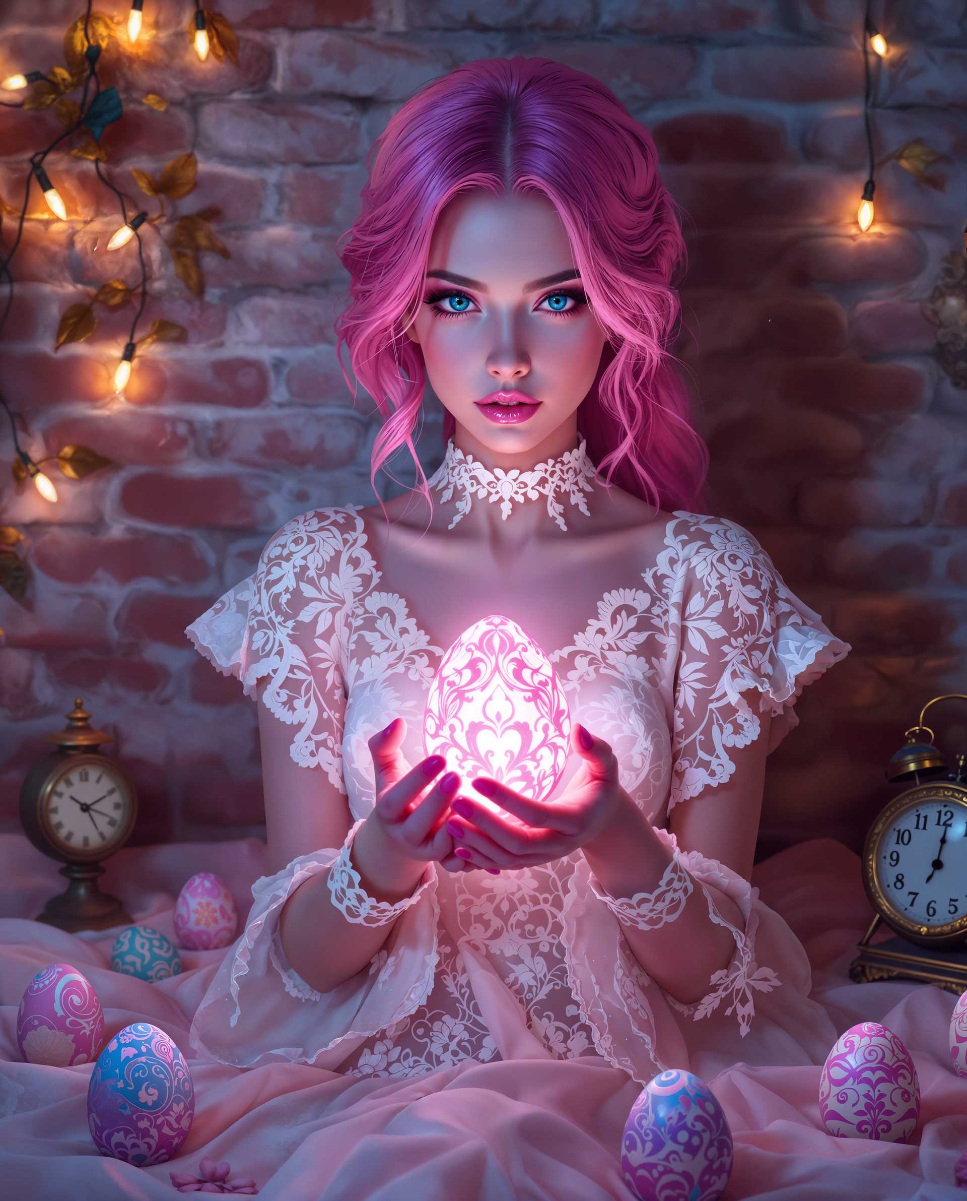 masterpiece, best quality, highres, sharp image, more detail <lora:more_details:0.5> <lora:SDXLrender_v2.0:1>, masterpiece, best quality, highres, sharp image, more detail, A hyper-realistic digital painting of a stylized female figure, captured with photorealistic precision and vibrant detail, showcasing intricate anatomy and lifelike textures. The artwork features smooth gradients and a polished finish, reminiscent of high-end digital art. The color palette is rich and dreamy, dominated by soft pinks, deep purples, and ethereal blues, creating a surreal and enchanting atmosphere. The female figure has striking pink hair with subtle lighter highlights cascading over her shoulders, and her piercing, deep blue eyes draw the viewer in with captivating intensity. She wears a delicate white lace garment, intricately patterned, with fine details that contrast beautifully against her skin, emphasizing realism in every fold and stitch.

The composition centers on the figure holding a glowing, ornate egg emitting a soft pink light, its surface etched with complex, mesmerizing designs. Surrounding her are several similarly designed eggs, each uniquely patterned with hues of pink, blue, and green, scattered across the floor and leaning against the background wall, enhancing the whimsical, magical vibe. The background features a textured brick wall, adding an urban, grounded edge to the fantastical scene, with eclectic trinkets adorning it—a vintage clock, a small figurine, and a string of fairy lights casting a warm, ambient glow. The lighting is soft and diffused, with the glowing egg as the focal light source, casting gentle highlights and shadows across the figure and surroundings, amplifying the mystical mood.

The scene is framed from a slightly low angle, emphasizing the figure's commanding presence and creating an intimate connection with the viewer, while the scattered eggs and wall decor add depth and storytelling to the composition. The overall mood is one of enchantment and mystery, blending realistic urban aesthetics with magical elements, inviting the viewer into a world where the ordinary meets the extraordinary, rendered in a highly detailed, photorealistic digital painting style with a focus on color harmony and atmospheric depth.