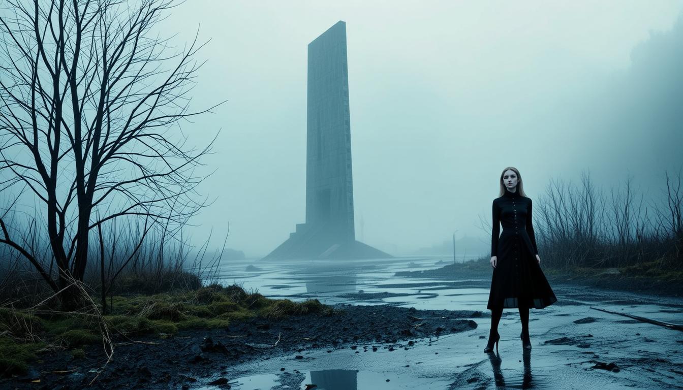 ArtPhoto style, mist, despair, absurdres, scenery, wet, monolith, disturbing, unsettling.
Fashion Photo-model shoot, avantgarde, haute couture, asymmetrical.