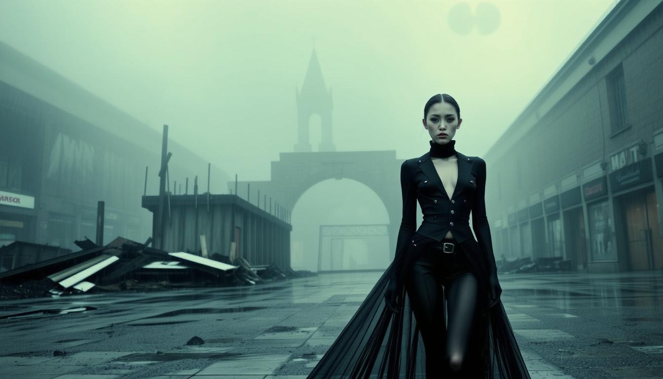 ArtPhoto style, mist, despair, absurdres, scenery, wet, Mall-ruins, disturbing, unsettling.
Fashion Photo-model shoot, avantgarde, haute couture, asymmetrical.