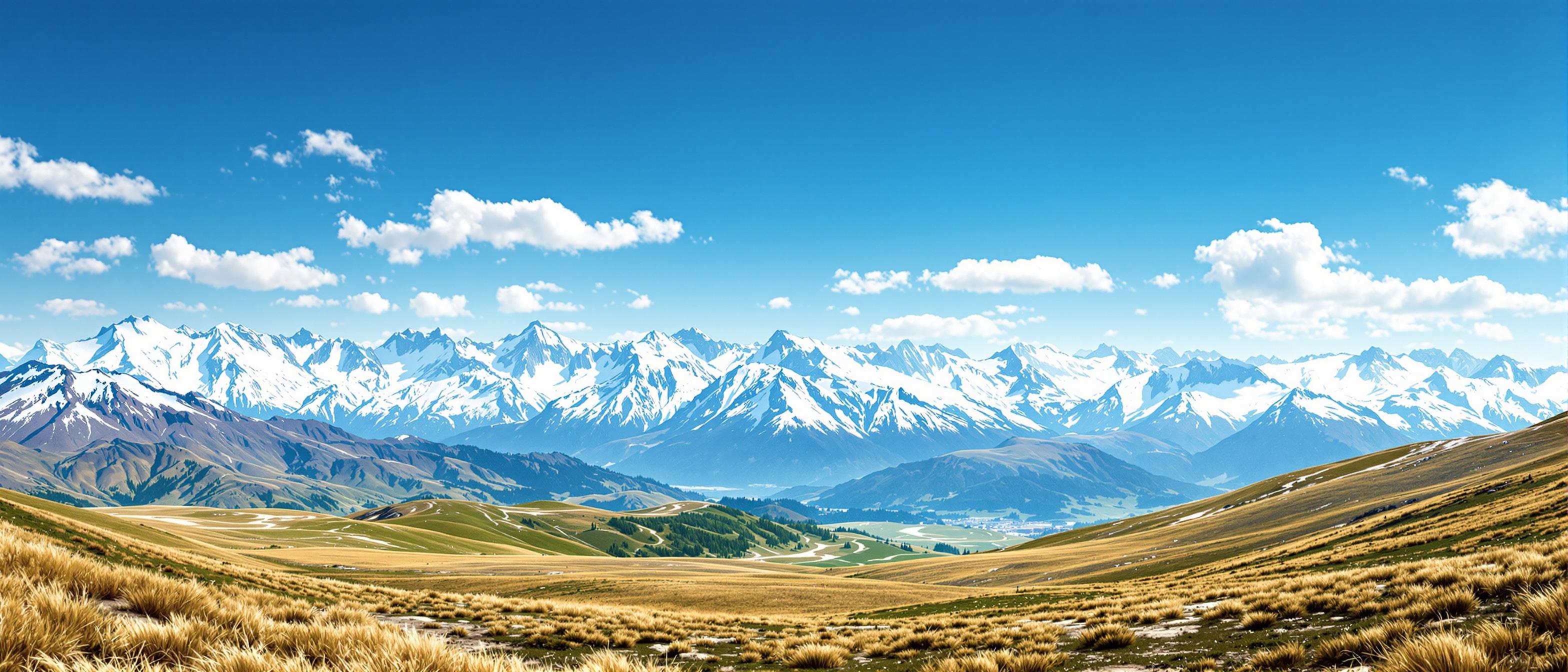 A breathtaking panoramic view of a pristine mountainous landscape under a vivid, clear blue sky, captured in a hyper-realistic digital photography style. In the distance, snowcapped peaks dominate the horizon, their rolling edges sharply defined against the sky, with intricate textures of snow and rock highlighted by subtle gradations of white, pale grey, and soft blue shadows, reflecting the interplay of natural light at high altitude. The foreground features gently rolling hills blanketed in a mosaic of lush green and golden-brown grasses, their colors suggesting a transition of seasons, with fine details of individual blades and patches creating a sense of organic depth. The composition is balanced, with the mountains centered as the focal point, while the undulating hills guide the viewer’s eye from the near ground to the distant peaks, shot from a slightly elevated perspective to emphasize the vastness of the terrain. The sky above is a deep, saturated cerulean blue, adorned with a few delicate, wispy white clouds that drift lazily, their soft, feathery edges adding a touch of serenity. The lighting is natural and crisp, mimicking midday sun with a warm, even glow that casts gentle shadows across the landscape, enhancing the three-dimensional feel of the scene. The mood is one of tranquil wilderness, evoking a sense of untouched beauty and quiet solitude, with no signs of human presence to interrupt the raw grandeur of nature. The color palette is harmonious and vibrant, blending earthy tones of green and gold with the cool whites and blues of the mountains and sky, creating a striking yet cohesive visual narrative of natural splendor, rendered with ultra-high detail, sharp focus, and a cinematic depth of field.