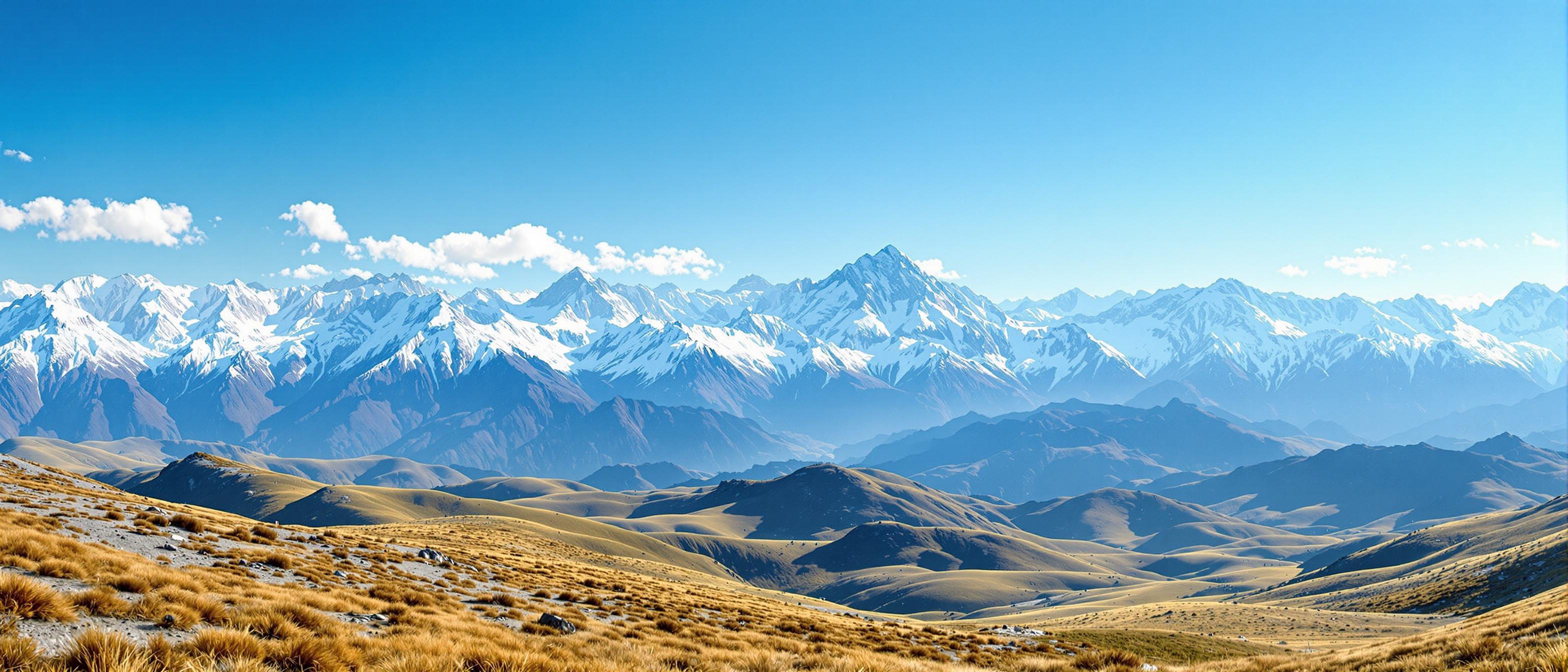 A breathtaking panoramic view of a pristine mountainous landscape under a vivid, clear blue sky, captured in a hyper-realistic digital photography style. In the distance, snowcapped peaks dominate the horizon, their rolling edges sharply defined against the sky, with intricate textures of snow and rock highlighted by subtle gradations of white, pale grey, and soft blue shadows, reflecting the interplay of natural light at high altitude. The foreground features gently rolling hills blanketed in a mosaic of lush green and golden-brown grasses, their colors suggesting a transition of seasons, with fine details of individual blades and patches creating a sense of organic depth. The composition is balanced, with the mountains centered as the focal point, while the undulating hills guide the viewer’s eye from the near ground to the distant peaks, shot from a slightly elevated perspective to emphasize the vastness of the terrain. The sky above is a deep, saturated cerulean blue, adorned with a few delicate, wispy white clouds that drift lazily, their soft, feathery edges adding a touch of serenity. The lighting is natural and crisp, mimicking midday sun with a warm, even glow that casts gentle shadows across the landscape, enhancing the three-dimensional feel of the scene. The mood is one of tranquil wilderness, evoking a sense of untouched beauty and quiet solitude, with no signs of human presence to interrupt the raw grandeur of nature. The color palette is harmonious and vibrant, blending earthy tones of green and gold with the cool whites and blues of the mountains and sky, creating a striking yet cohesive visual narrative of natural splendor, rendered with ultra-high detail, sharp focus, and a cinematic depth of field.