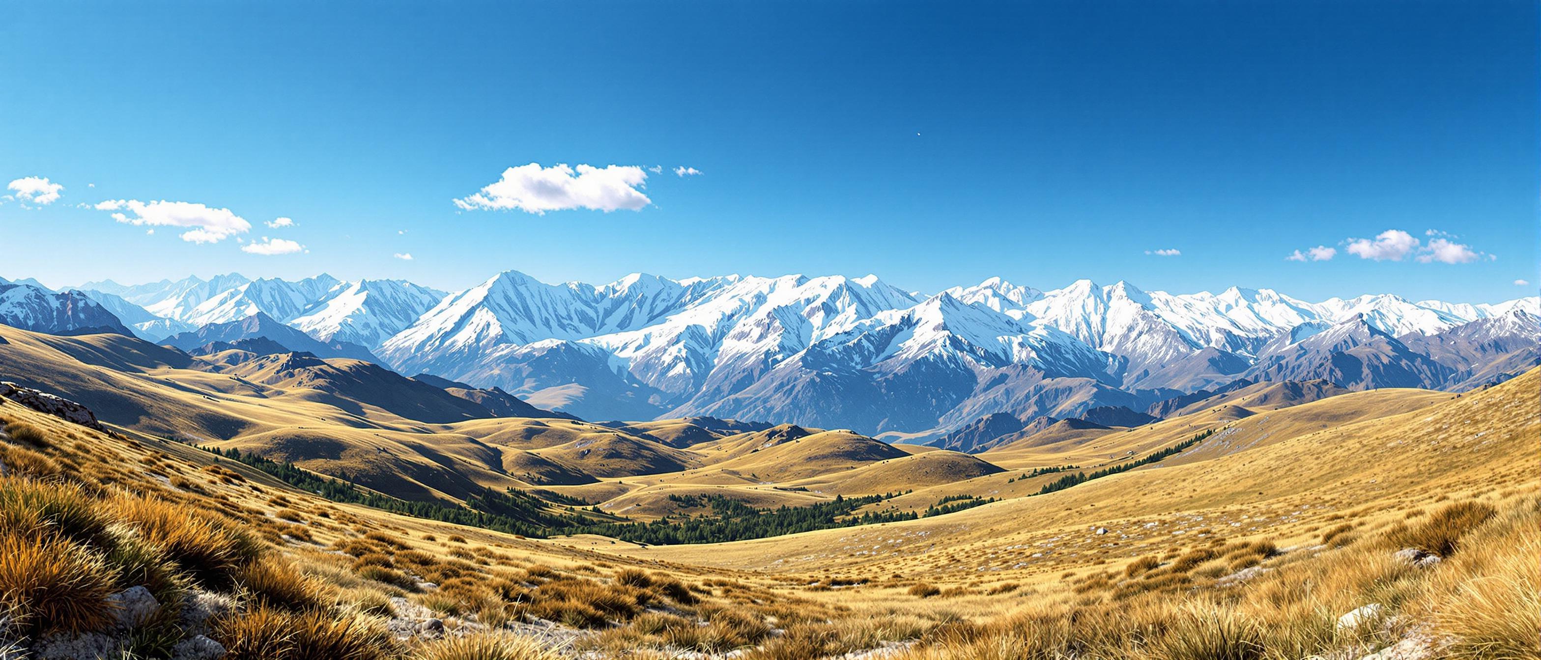 A breathtaking panoramic view of a pristine mountainous landscape under a vivid, clear blue sky, captured in a hyper-realistic digital photography style. In the distance, snowcapped peaks dominate the horizon, their rolling edges sharply defined against the sky, with intricate textures of snow and rock highlighted by subtle gradations of white, pale grey, and soft blue shadows, reflecting the interplay of natural light at high altitude. The foreground features gently rolling hills blanketed in a mosaic of lush green and golden-brown grasses, their colors suggesting a transition of seasons, with fine details of individual blades and patches creating a sense of organic depth. The composition is balanced, with the mountains centered as the focal point, while the undulating hills guide the viewer’s eye from the near ground to the distant rolling mountains, shot from a slightly elevated perspective to emphasize the vastness of the terrain. The sky above is a deep, saturated cerulean blue, adorned with a few delicate, wispy white clouds that drift lazily, their soft, feathery edges adding a touch of serenity. The lighting is natural and crisp, mimicking midday sun with a warm, even glow that casts gentle shadows across the landscape, enhancing the three-dimensional feel of the scene. The mood is one of tranquil wilderness, evoking a sense of untouched beauty and quiet solitude, with no signs of human presence to interrupt the raw grandeur of nature. The color palette is harmonious and vibrant, blending earthy tones of green and gold with the cool whites and blues of the mountains and sky, creating a striking yet cohesive visual narrative of natural splendor, rendered with ultra-high detail, sharp focus, and a cinematic depth of field.
