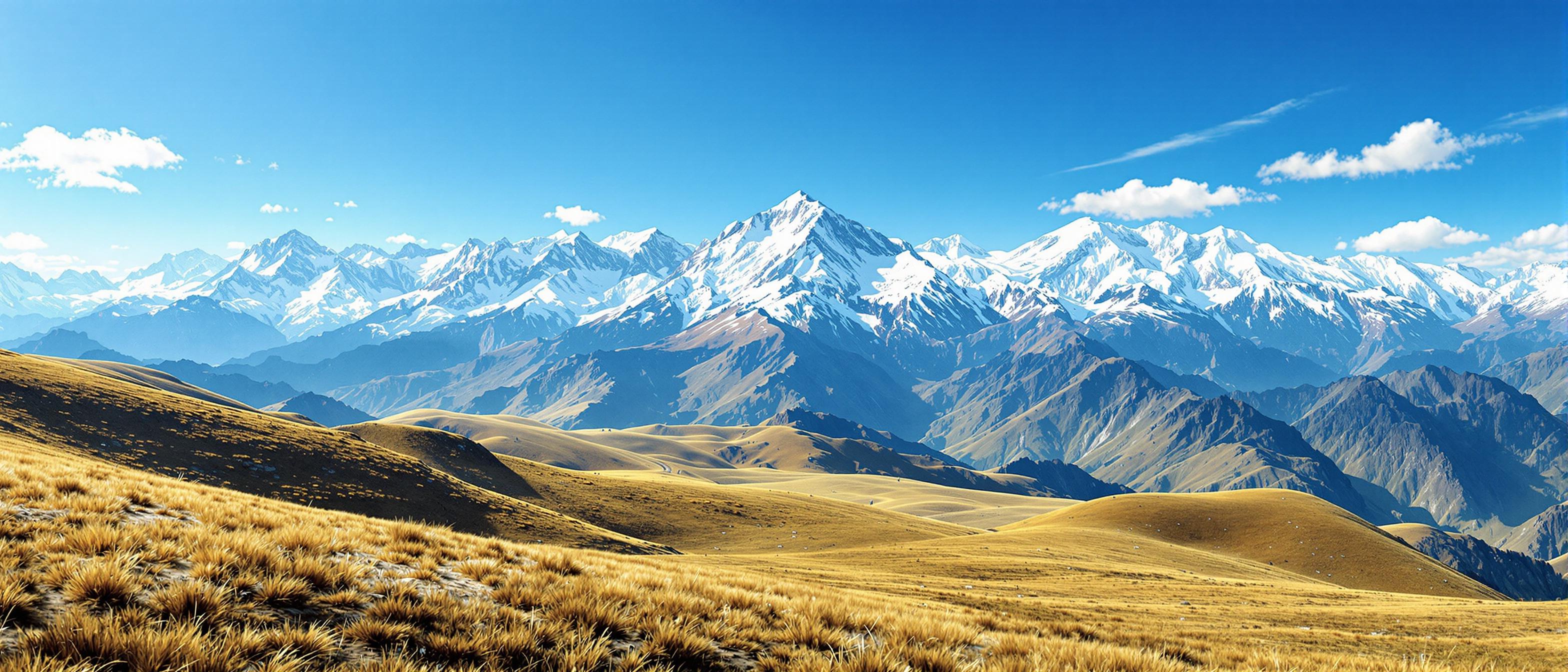 A breathtaking panoramic view of a pristine mountainous landscape under a vivid, clear blue sky, captured in a hyper-realistic digital photography style. In the distance, snowcapped peaks dominate the horizon, their rolling edges sharply defined against the sky, with intricate textures of snow and rock highlighted by subtle gradations of white, pale grey, and soft blue shadows, reflecting the interplay of natural light at high altitude. The foreground features gently rolling hills blanketed in a mosaic of lush green and golden-brown grasses, their colors suggesting a transition of seasons, with fine details of individual blades and patches creating a sense of organic depth. The composition is balanced, with the mountains centered as the focal point, while the undulating hills guide the viewer’s eye from the near ground to the distant rolling mountains, shot from a slightly elevated perspective to emphasize the vastness of the terrain. The sky above is a deep, saturated cerulean blue, adorned with a few delicate, wispy white clouds that drift lazily, their soft, feathery edges adding a touch of serenity. The lighting is natural and crisp, mimicking midday sun with a warm, even glow that casts gentle shadows across the landscape, enhancing the three-dimensional feel of the scene. The mood is one of tranquil wilderness, evoking a sense of untouched beauty and quiet solitude, with no signs of human presence to interrupt the raw grandeur of nature. The color palette is harmonious and vibrant, blending earthy tones of green and gold with the cool whites and blues of the mountains and sky, creating a striking yet cohesive visual narrative of natural splendor, rendered with ultra-high detail, sharp focus, and a cinematic depth of field.