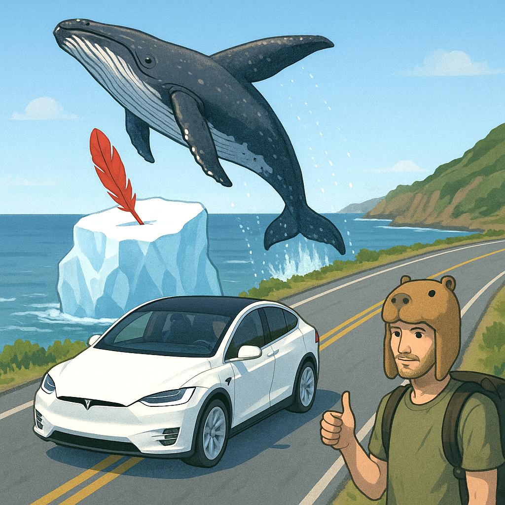 a whale jumping over a frozen block of ice with a red feather it whilea white test model x drives down the coastal road next to a hitchhiker wearing a capybara hat