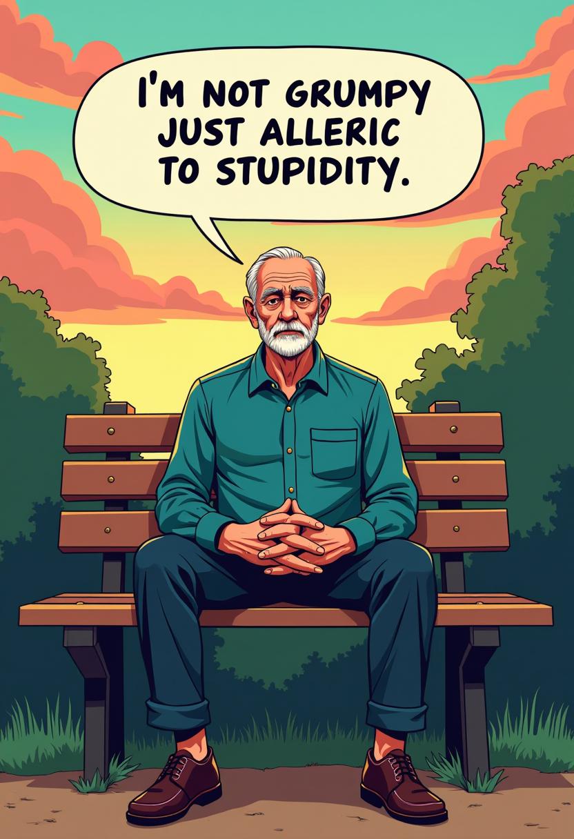 This image is a digital illustration that features a old senior character seated on a park bench. The art style is reminiscent of comic book art with a cinematic quality, characterized by its bold outlines, flat colors, and dramatic lighting. The medium appears to be digital painting, given the smooth blending of colors and the lack of texture that might be present in traditional mediums.The colors in the image are rich and vibrant, with a warm palette that suggests a setting during the golden hour of early evening. The sky transitions from a deep orange to a softer peach, and the clouds are a gradient of light blue to a warm pink hue. The foliage in the background is depicted in various shades of green, with the trees outlined in black, which adds to the comic book aesthetic.The character is wearing a teal shirt with a collar and button cuffs, and dark trousers that are rolled up at the ankle, revealing a hint of skin. The characters hands are clasped together in front of them, and they have a serious, contemplative expression. The bench is a simple wooden structure with a natural finish, and the ground beneath it is a muted brown, which contrasts with the vibrant colors of the sky and foliage.The overall composition of the image is balanced, with the character centrally placed and the background elements symmetrically placed around them. The text bubble that contains the quote Im not grumpy just allergic to stupidity. floats above the character, and it is styled in a bold, sansserif font that matches the overall comic book theme of the illustration.