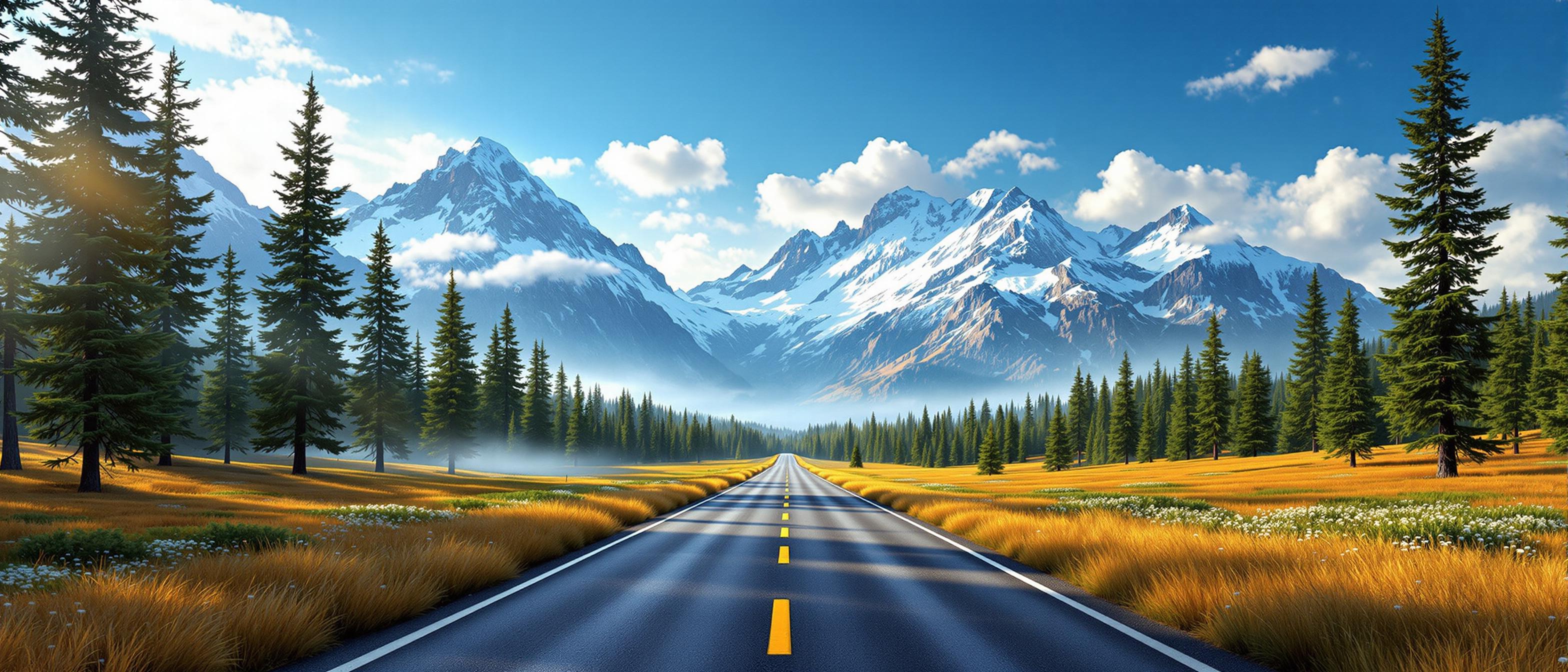 A breathtaking landscape of serene natural beauty, captured in a hyper-realistic style resembling a high-resolution photograph. The scene showcases intricate details, with a masterful interplay of light, shadow, and texture bringing the environment to life. Vibrant and harmonious colors dominate the palette: deep emerald greens of towering coniferous trees, golden hues of swaying grasses transitioning with the seasons, stark whites of snow-capped mountain peaks, and a profound deep blue sky. The contrast between these tones adds striking depth and dimension to the composition.

In the foreground, a straight, well-maintained road slices through the landscape, inviting travelers to journey deeper into the wilderness. Patches of grass along the road shift from lush green to warm golden yellow, hinting at seasonal change. Flanking the road on either side, dense forests of tall, straight coniferous trees stand sentinel, their needle-covered branches casting dappled shadows on the ground, enhancing the sense of depth. The tree trunks fade into a mystical mist that clings to the lower mountain slopes, blurring the boundary between earth and sky, and infusing the scene with an ethereal quality.

In the distance, majestic, rugged mountains rise with imposing steep cliffs and craggy faces, their peaks adorned with glistening snow that catches the sunlight, creating a dazzling interplay of light and shadow. Wispy, delicate clouds drift lazily across the peaks, softening their harsh edges. Above, the sky stretches as a clear, endless deep blue, dotted with light, fluffy clouds, their edges softly illuminated by the sun, casting a gentle, radiant glow.

The composition is framed to emphasize the road as a leading line, drawing the viewer’s eye from the detailed foreground through the misty midground to the awe-inspiring mountains in the background, captured from a low, wide-angle perspective to enhance the grandeur of the scene. The mood is one of profound tranquility and peace, evoking the untouched beauty of the wilderness during a crisp, clear day. The atmosphere is fresh and invigorating, with subtle hints of morning light bathing the landscape in a warm, golden glow, highlighting every texture from the rough bark of the trees to the powdery snow on the peaks. This image is a celebration of nature’s splendor, rendered with photorealistic precision and cinematic lighting to immerse the viewer fully in its serene embrace.