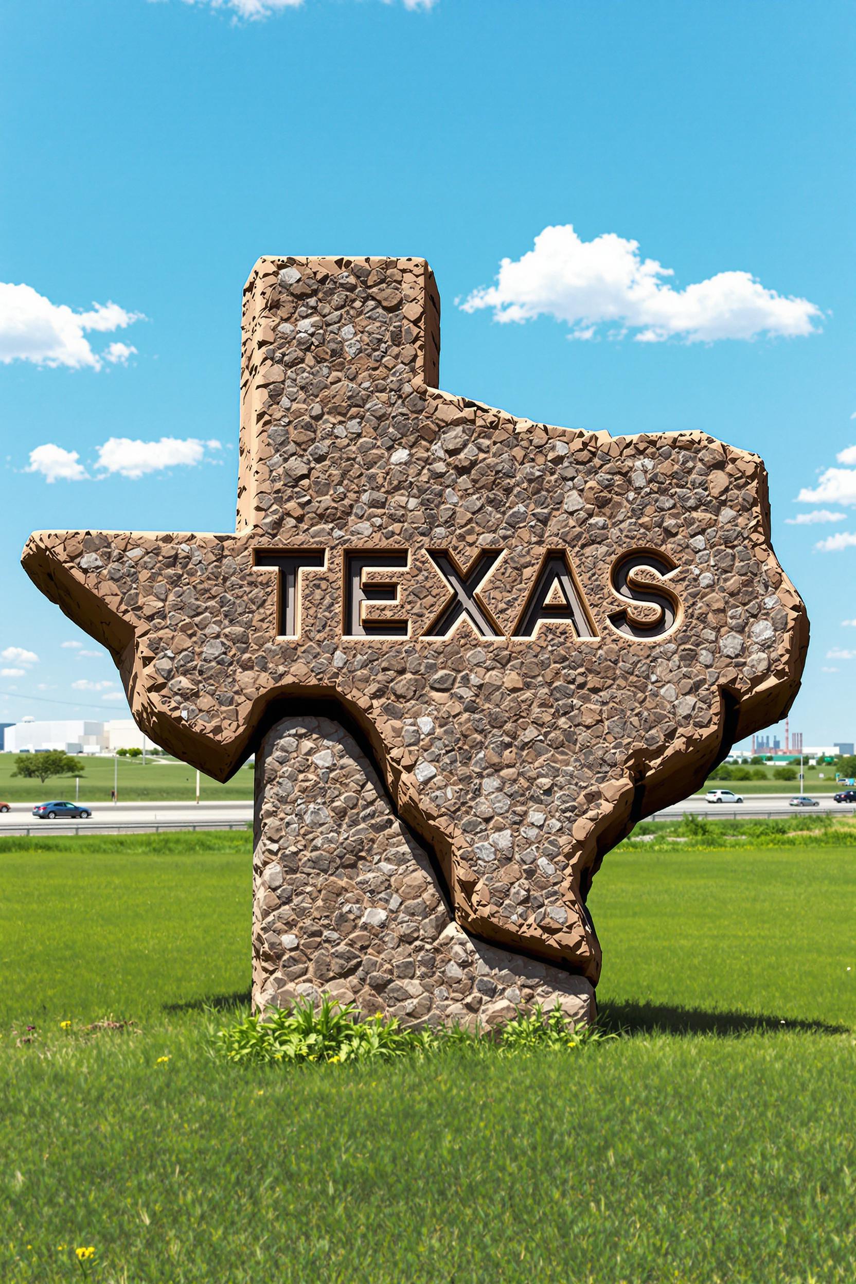 This image depicts a weathered stone monument in the shape of the state of Texas. The monument is standing on a grassy field with a clear blue sky in the background. The stone has a rough texture and shows signs of erosion and weathering, giving it an aged appearance.The monument is inscribed with the word TEXAS in capital letters, which is carved into the stone. The letters are bold and stand out against the background, with a slight shadow indicating a light source coming from the upper left side of the image.The colors in the image are primarily earthy tones, with the stone appearing in various shades of gray and brown. The green of the grass and the blue of the sky provide a contrast to the stone, while the white of the clouds adds a touch of brightness to the sky.In the background, there is a road with vehicles passing by, and in the distance, there are industrial buildings, suggesting that the monument is located near a highway or industrial area.The art style of the image is realistic, capturing the details of the stone and the textures of the grass and sky. The medium appears to be photography, as the image has a clear and sharp quality.Overall, the image conveys a sense of Texass rugged beauty and its location at the intersection of nature and industry.