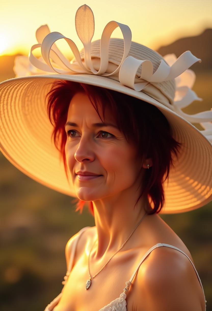 I_body_neutral, TOKIRIS2, This image is a portrait of a woman, captured in a moment that seems to be bathed in the golden light of sunset. The woman is wearing a widebrimmed hat with a pale, almost white color, adorned with intricate, ribbonlike details that curl and twist in a way that suggests movement and delicacy. The hats brim is large enough to cast a shadow over the womans face, which adds a sense of mystery to the composition.The womans short dark red messy hair is styled in an elegant updo, which is partially obscured by the hats brim. The lighting accentuates the smooth texture of her skin and the subtle contours of her face, giving her a serene and almost ethereal appearance.The womans attire includes a simple, elegant necklace with a small pendant, which adds a touch of sophistication to her overall look.The background of the image is blurred, focusing the viewers attention on the woman and her hat. The colors in the background are warm and muted, with a soft gradient that transitions from a golden yellow at the top to a deep, rich brown at the bottom, creating a sense of depth and dimension.The art style of the image is realistic with a touch of impressionism, as evidenced by the way the light and shadow play across the subjects face and the soft blending of colors in the background.The medium appears to be digital painting, given the smooth gradients and the lack of texture that one might expect from a traditional painting medium.Overall, the image exudes a sense of calm and elegance, with a focus on the interplay of light, shadow, and color to create a visually compelling and emotionally resonant portrait.