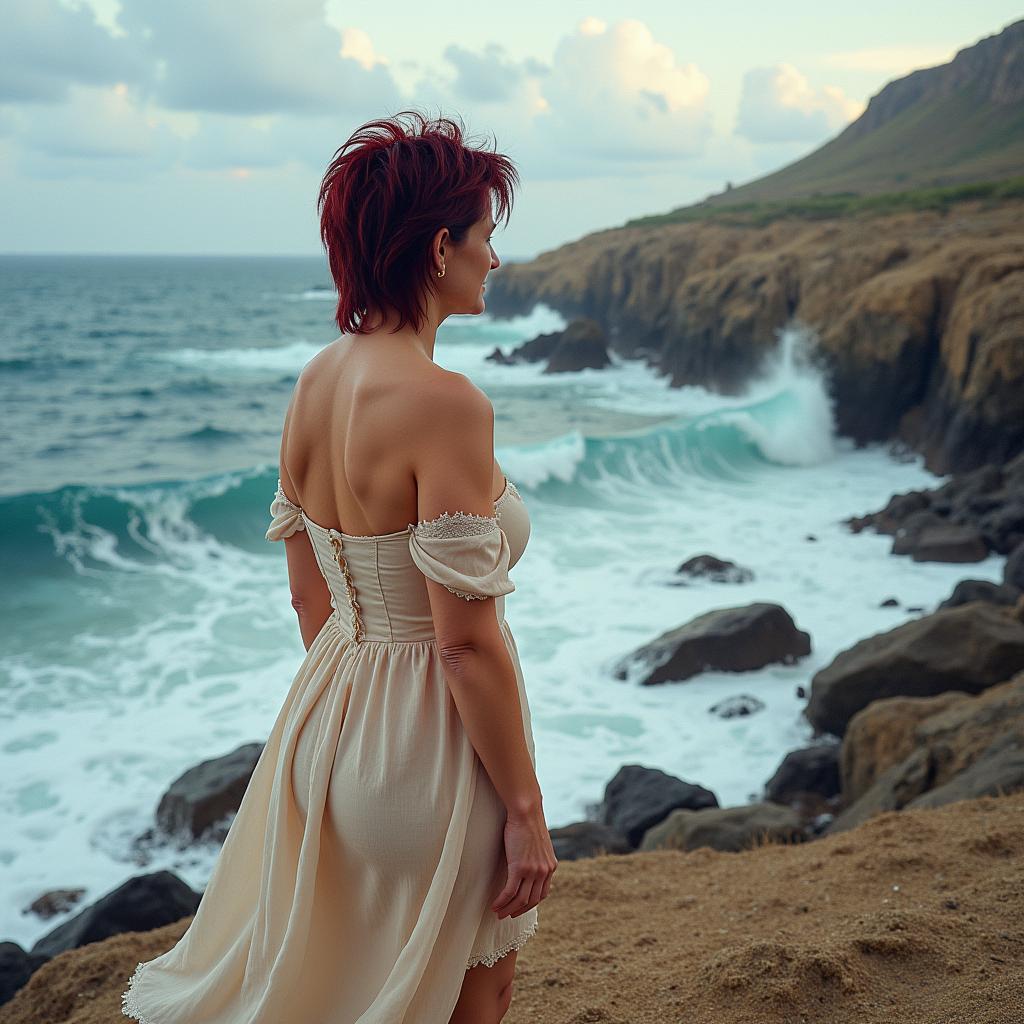 TOKIRIS2, I_body_neutral, This image features a woman standing on a rocky outcrop overlooking the sea. Here are the visual elements present in the image1. Subject A woman with short dark red messy hair, wearing a torn, offshoulder dress that billows around her. Dress The dress is a light, possibly beige or offwhite color, with a delicate, sheer fabric that is torn and frayed at the edges. The dress is offshoulder and appears to be made of a lightweight, flowing material that seems to move with the wind.4. Background Behind the woman, the sea is tumultuous, with waves crashing against the rocks and creating a misty, sprayfilled atmosphere. The water is a deep blue with white foam and splashes of white and yellow, indicating the roughness of the waves.5. Rocks The rocks are rugged and jagged, with a dark, earthy tone that contrasts with the lighter colors of the woman and the sea. The rocks are textured and uneven, with some areas appearing to be wet from the sea spray.6. Sky The sky is overcast and washed in a soft, diffuse light, with light blue and white hues that suggest a cloudy or misty day. The sky is painted with broad, expressive brushstrokes that give it a dynamic and somewhat tumultuous feel.7. Lighting The lighting in the image is soft and natural, with the sun likely behind the viewer, casting a gentle glow on the womans skin and the rocks, while the sea is in shadow, creating a play of light and dark.8. Color Palette The color palette is warm and earthy, with the womans skin and dress in warm tones, the rocks in dark earthy browns, and the sea in cool blues and whites. The contrast between the warm and cool colors adds depth and dimension to the image.9. Composition The composition is balanced with the woman positioned slightly offcenter to the right, drawing the viewers eye across the image from her to the sea and the horizon. The rocky outcrop provides a grounding element and frames the woman, while the waves and sky create a sense of openness and expanse.10. Brushstrokes The brushstrokes are visible in the paintinglike quality of the image, particularly in the sky and the womans dress, giving the image a textural and artistic feel.Overall, the image is a blend of realism and impressionistic elements, capturing the beauty and dynamism of the natural world juxtaposed with the human figure.