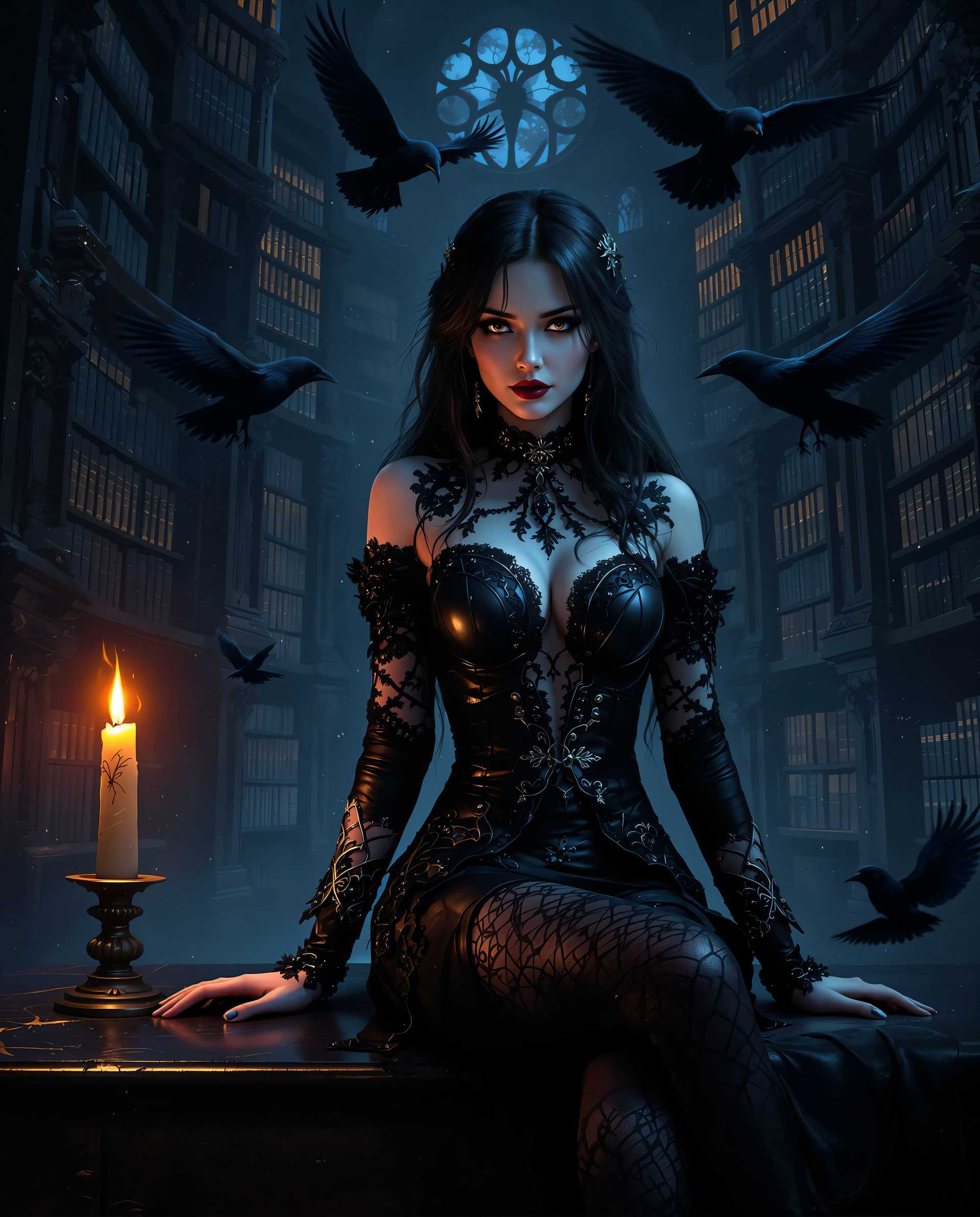 masterpiece, best quality, highres, sharp image, more detail <lora:more_details:0.5> <lora:SDXLrender_v2.0:1>, This image is a realistic photo (photograph) of a female real person digital artwork that captures a gothic and mysterious scene. The art style is reminiscent of realism or science fiction, with a focus on detailed textures and a moody, atmospheric lighting that creates a sense of depth and intrigue.The medium appears to be a digital painting, given the smooth blending of colors and the lack of brush strokes. The colors are rich and varied, with deep blues, blacks, and purples dominating the palette. There are also accents of warm tones, such as the orange glow of a candle and the golden hue of the book spines, which add contrast and warmth to the cooltoned environment.The objects in the image are numerous and contribute to the overall atmosphere. In the foreground, we see a figure seated on a surface, which appears to be a table or a ledge. The figure is wearing a gothic outfit with lace and leather details, and there are intricate patterns and textures on the clothing that catch the light. The figures pose is relaxed yet confident, with one arm resting on the surface and the other extended.Behind the figure, there is a grand, gothicstyle library with towering shelves filled with books. The library is dimly lit, with the only source of light being the flickering candle to the left of the image. The candlelight casts a warm glow on the figure and the surrounding objects, creating a stark contrast with the cool blue tones of the library.In the air, there are several ravens or crows, which are often associated with gothic themes and death. They add to the eerie and mysterious ambiance of the scene.The overall effect of the image is one of enchantment and mystery, inviting the viewer to delve deeper into the world depicted. The attention to detail in the textures, the interplay of light and shadow, and the choice of objects and characters all contribute to the immersive and atmospheric quality of the artwork.