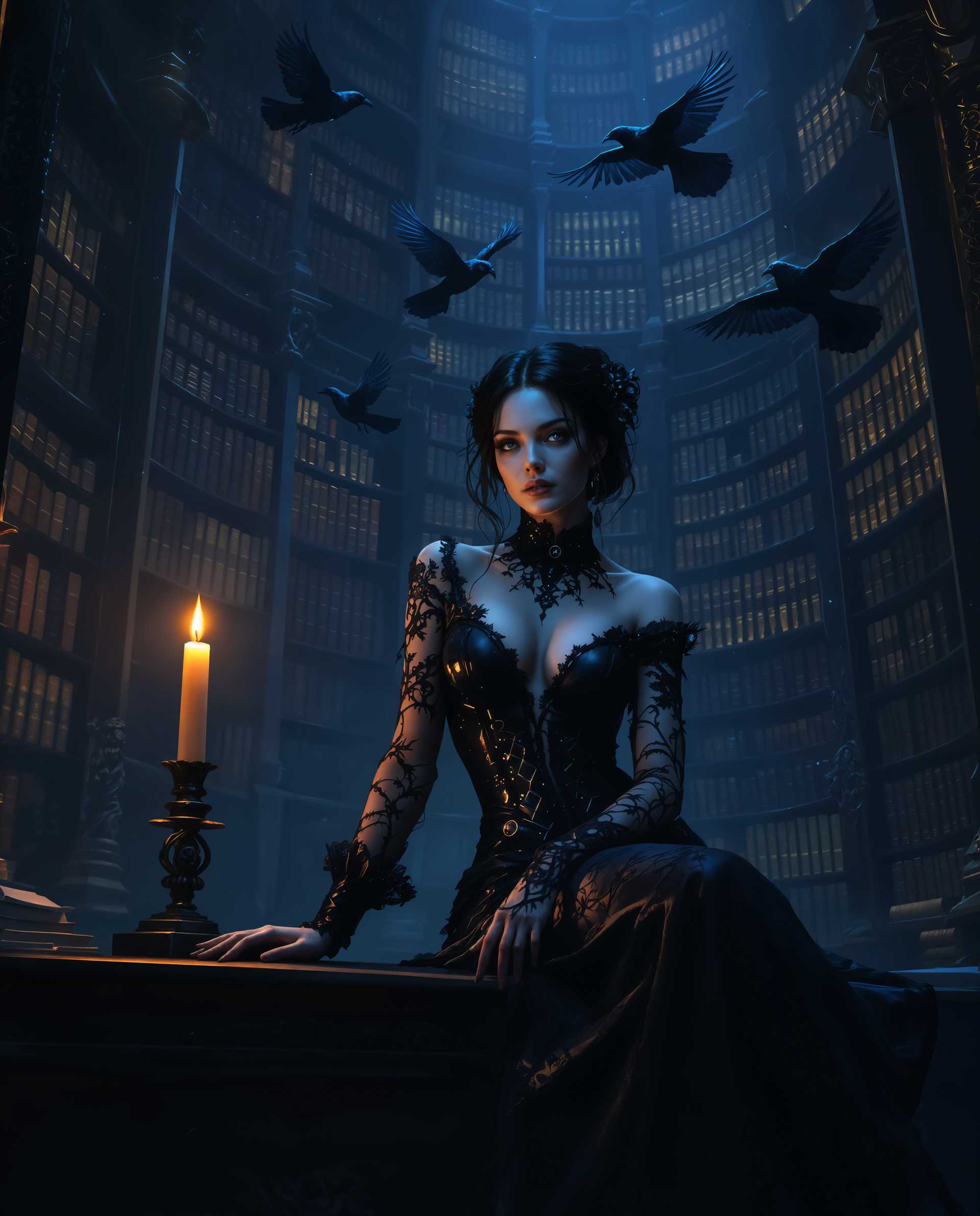 masterpiece, best quality, highres, sharp image, more detail <lora:more_details:0.5> <lora:SDXLrender_v2.0:1>, masterpiece, best quality, highres, sharp image, more detail, A hyper-realistic digital painting of a gothic and mysterious scene featuring a female figure as the central focus. The artwork combines elements of realism and subtle science fiction influences, with meticulous attention to detailed textures and moody, atmospheric lighting that enhances depth and intrigue. The color palette is dominated by deep blues, blacks, and purples, creating a cool-toned environment, contrasted by warm accents like the flickering orange glow of a single candle and the golden hues of ancient book spines.

The composition centers on the female figure seated on a dark wooden table or ledge in the foreground, exuding a relaxed yet confident pose—one arm resting on the surface, the other elegantly extended. She wears an intricate gothic outfit made of lace and leather, with finely detailed patterns that shimmer faintly under the dim light. Her expression is enigmatic, drawing the viewer into her story.

Behind her looms a grand, gothic-style library with towering, ornate shelves packed with weathered books, their textures rich with cracked leather and faded embossing. The library is shrouded in shadow, illuminated only by the warm, flickering candlelight positioned to the left of the frame, casting dramatic highlights and deep shadows across the figure and nearby objects. The interplay of light and shadow creates a stark contrast between the warm glow and the cool, ethereal tones of the background.

In the air above, several dark ravens or crows hover, their glossy feathers catching faint glints of light, adding an eerie, foreboding element to the scene. Their presence reinforces the gothic themes of mystery and death, blending seamlessly into the haunting ambiance.

The overall mood is one of enchantment and suspense, set during the late hours of night, with a quiet, almost otherworldly atmosphere. The camera angle is slightly low, looking up at the figure to emphasize her commanding presence against the towering library, framed to balance the intricate details of the foreground with the expansive, shadowy depth of the background. The image is rendered with photorealistic precision, showcasing smooth color blending and a cinematic quality, inviting the viewer to explore the hidden secrets of this captivating, mysterious world.