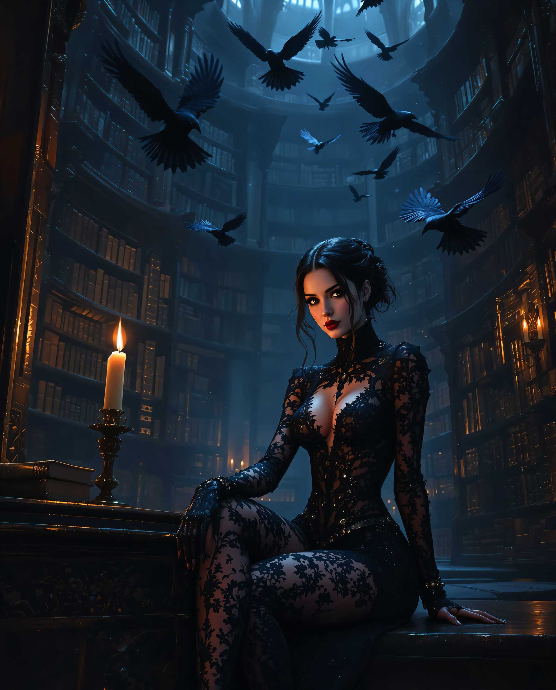masterpiece, best quality, highres, sharp image, more detail <lora:more_details:0.5> <lora:SDXLrender_v2.0:1>, A hyper-realistic digital painting of a gothic and mysterious scene featuring a female figure as the central focus. The artwork combines elements of realism and subtle science fiction influences, with meticulous attention to detailed textures and moody, atmospheric lighting that enhances depth and intrigue. The color palette is dominated by deep blues, blacks, and purples, creating a cool-toned environment, contrasted by warm accents like the flickering orange glow of a single candle and the golden hues of ancient book spines.

The composition centers on the female figure seated on a dark wooden table or ledge in the foreground, exuding a relaxed yet confident pose—one arm resting on the surface, the other elegantly extended. She wears an intricate gothic outfit made of lace and leather, with finely detailed patterns that shimmer faintly under the dim light. Her expression is enigmatic, drawing the viewer into her story.

Behind her looms a grand, gothic-style library with towering, ornate shelves packed with weathered books, their textures rich with cracked leather and faded embossing. The library is shrouded in shadow, illuminated only by the warm, flickering candlelight positioned to the left of the frame, casting dramatic highlights and deep shadows across the figure and nearby objects. The interplay of light and shadow creates a stark contrast between the warm glow and the cool, ethereal tones of the background.

In the air above, several dark ravens or crows hover, their glossy feathers catching faint glints of light, adding an eerie, foreboding element to the scene. Their presence reinforces the gothic themes of mystery and death, blending seamlessly into the haunting ambiance.

The overall mood is one of enchantment and suspense, set during the late hours of night, with a quiet, almost otherworldly atmosphere. The camera angle is slightly low, looking up at the figure to emphasize her commanding presence against the towering library, framed to balance the intricate details of the foreground with the expansive, shadowy depth of the background. The image is rendered with photorealistic precision, showcasing smooth color blending and a cinematic quality, inviting the viewer to explore the hidden secrets of this captivating, mysterious world.