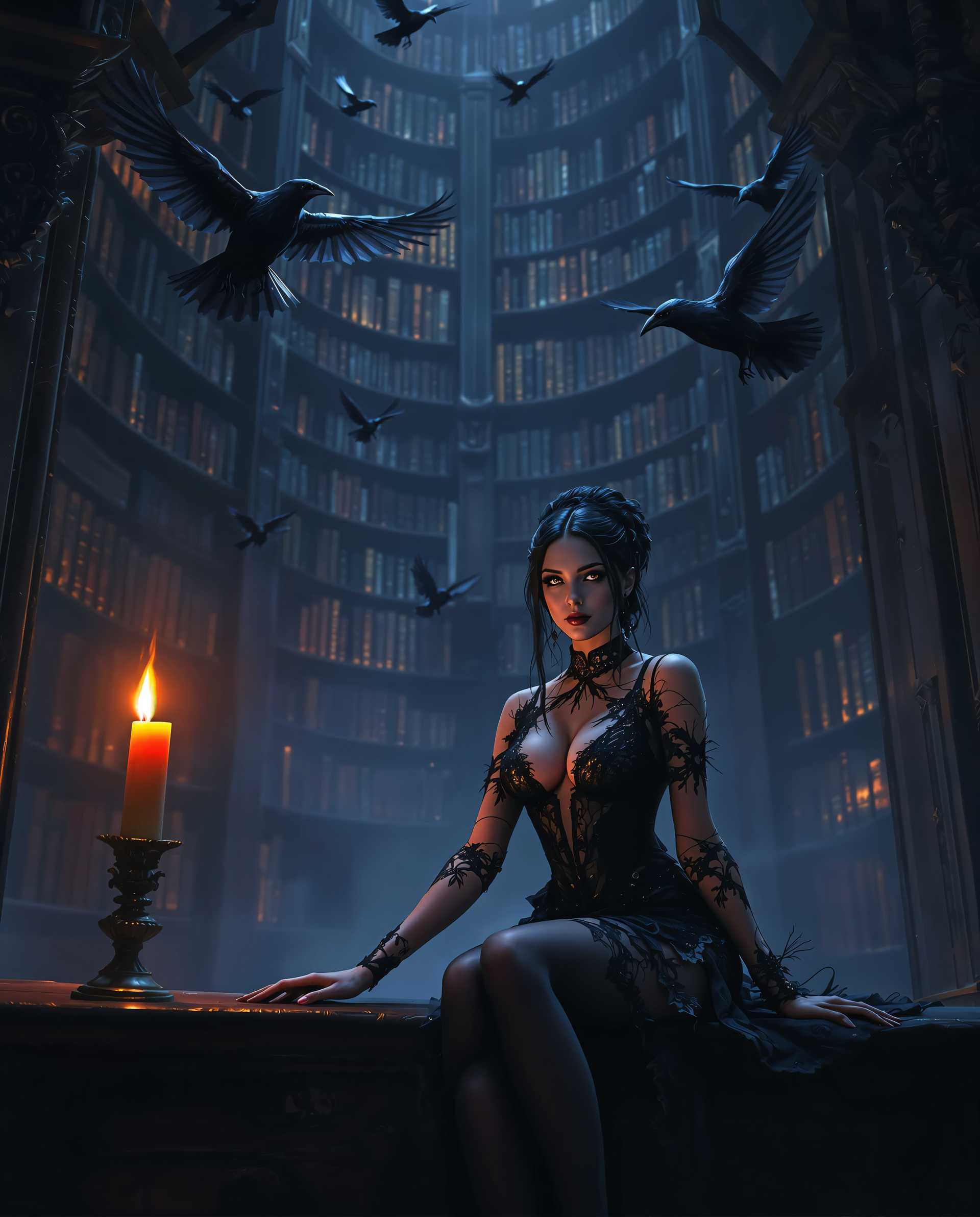 masterpiece, best quality, highres, sharp image, more detail <lora:more_details:0.5> <lora:SDXLrender_v2.0:1>, A hyper-realistic digital painting of a gothic and mysterious scene featuring a female figure as the central focus. The artwork combines elements of realism and subtle science fiction influences, with meticulous attention to detailed textures and moody, atmospheric lighting that enhances depth and intrigue. The color palette is dominated by deep blues, blacks, and purples, creating a cool-toned environment, contrasted by warm accents like the flickering orange glow of a single candle and the golden hues of ancient book spines.

The composition centers on the female figure seated on a dark wooden table or ledge in the foreground, exuding a relaxed yet confident pose—one arm resting on the surface, the other elegantly extended. She wears an intricate gothic outfit made of lace and leather, with finely detailed patterns that shimmer faintly under the dim light. Her expression is enigmatic, drawing the viewer into her story.

Behind her looms a grand, gothic-style library with towering, ornate shelves packed with weathered books, their textures rich with cracked leather and faded embossing. The library is shrouded in shadow, illuminated only by the warm, flickering candlelight positioned to the left of the frame, casting dramatic highlights and deep shadows across the figure and nearby objects. The interplay of light and shadow creates a stark contrast between the warm glow and the cool, ethereal tones of the background.

In the air above, several dark ravens or crows hover, their glossy feathers catching faint glints of light, adding an eerie, foreboding element to the scene. Their presence reinforces the gothic themes of mystery and death, blending seamlessly into the haunting ambiance.

The overall mood is one of enchantment and suspense, set during the late hours of night, with a quiet, almost otherworldly atmosphere. The camera angle is slightly low, looking up at the figure to emphasize her commanding presence against the towering library, framed to balance the intricate details of the foreground with the expansive, shadowy depth of the background. The image is rendered with photorealistic precision, showcasing smooth color blending and a cinematic quality, inviting the viewer to explore the hidden secrets of this captivating, mysterious world.