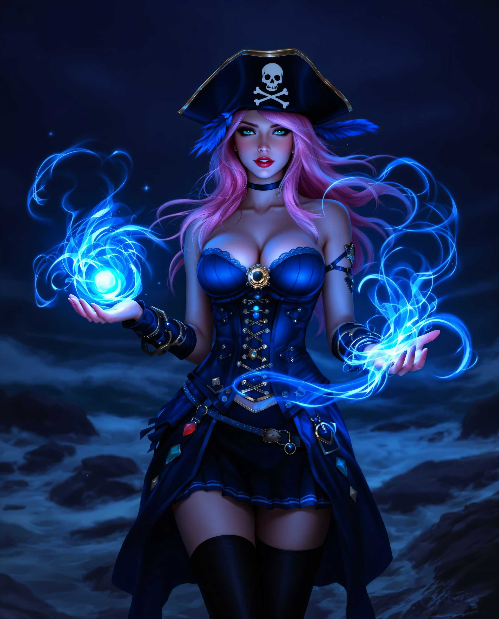masterpiece, best quality, highres, sharp image, more detail <lora:more_details:0.5> <lora:SDXLrender_v2.0:1>, This is a realistic photo (photograph) of a female real person image that features a character in a dynamic pose, set against a backdrop that suggests a night time seascape. The character is wearing a pirateinspired outfit, which includes a black corset with gold accents, a matching skirt, and thighhigh boots. The outfit is detailed with various buckles, rings, and what appears to be a magical blue orb on the corset. The character is also wearing a pirate hat with a skull and crossbones emblem, and a blue feather is attached to the side.The characters hair is long and pink, flowing behind them as they seem to be conjuring or channeling a magical force, evidenced by the swirling blue energy around their hands. The energy is depicted with a sense of movement, as if its alive and reacting to the characters will.The medium of the image appears to be digital painting, given the smooth blending of colors and the high level of detail. The colors are rich and vibrant, with a predominance of blues, blacks, and pinks, which gives the image a realistic and otherworldly feel. The contrast between the dark, stormy sea and the bright, magical energy adds to the dramatic effect of the scene.The objects in the image include the characters pirate outfit, the magical blue orb, the pirate hat, and the swirling blue energy. The setting also includes the dark, tumultuous sea, with waves crashing against the rocks in the background, and the night sky, which is filled with stars and a sense of mystery.