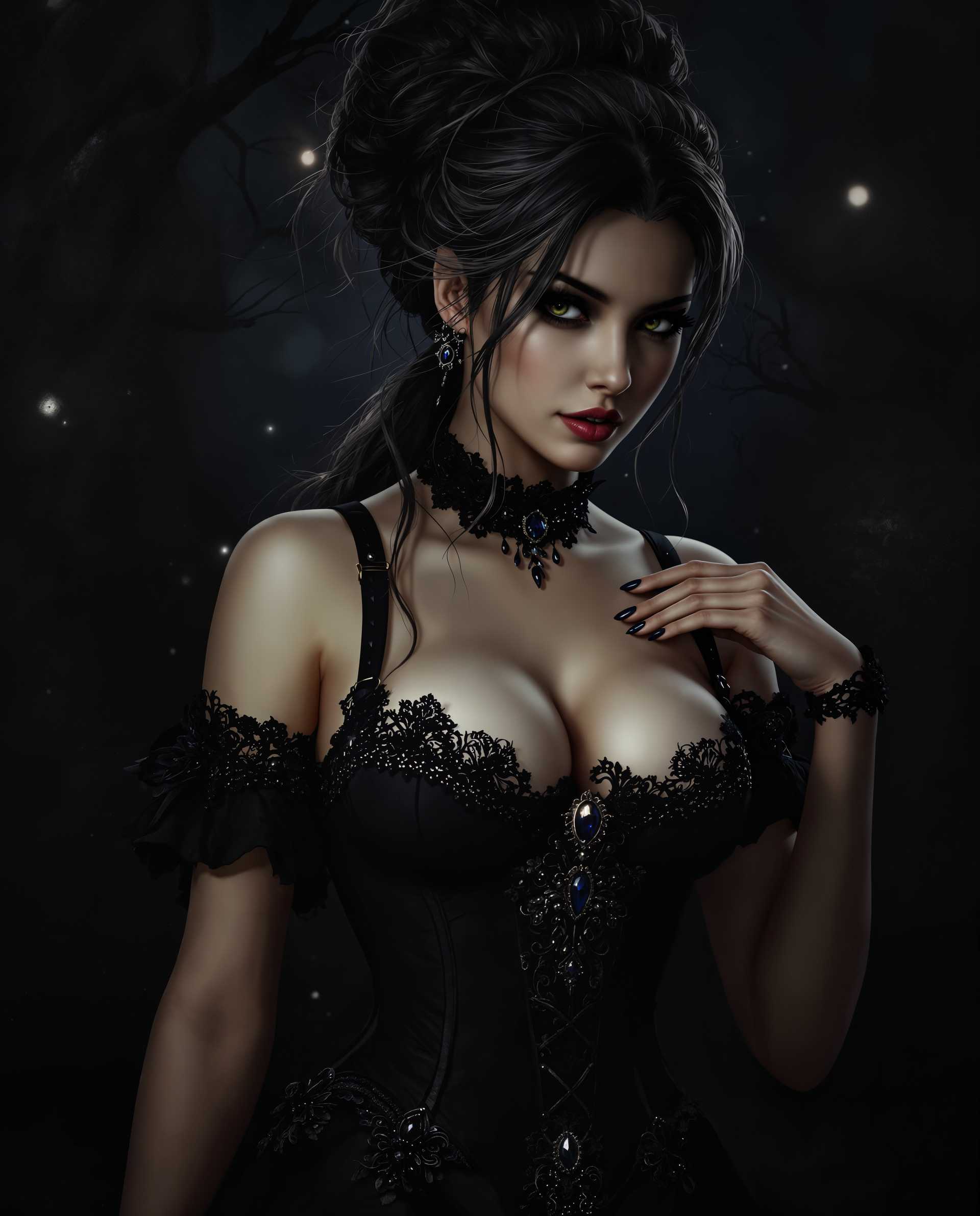 masterpiece, best quality, highres, sharp image, more detail <lora:more_details:0.5> <lora:SDXLrender_v2.0:1>, masterpiece, best quality, highres, sharp image, more detail, This image is a realistic photo (photograph) of a female real person digital artwork that presents a figure in a gothic style. The art style is characterized by its detailed rendering, dramatic lighting, and a focus on the interplay of light and shadow to create a sense of depth and realism. The medium appears to be a digital painting, given the smooth blending of colors and the lack of texture that might be present in a traditional painting.The colors in the image are predominantly dark and moody, with a focus on black, gray, and touches of deep blue and purple. These colors contribute to the gothic atmosphere of the piece. The figure is wearing a corset with intricate lace and beadwork, which adds a touch of elegance to the otherwise dark and somber palette.The corset is detailed with lace trim, ruffles, and a central ornate brooch. The straps are delicate and appear to be made of a thin, possibly metallic material, which gives them a subtle sheen. The figures hair is styled in an elaborate updo, with loose strands cascading down her back and shoulders. The hair is a mix of dark and lighter tones, with highlights that catch the light, adding dimension to the hairstyle.The figures skin is rendered with a high level of detail, showing the texture of the skin and the subtle play of light and shadow that gives it a lifelike quality. The figures posture is poised and graceful, with one hand delicately touching the corset and the other hanging loosely by her side.In the background, there is a suggestion of a dark, wooded area, with the silhouettes of trees and branches. The lighting in the background is dim, with only a few spots of light that seem to emanate from the figure, creating a sense of mystery and adding to the atmospheric quality of the image.Overall, the image is a richly detailed and atmospheric portrayal of a gothic figure, with a focus on the interplay of light and shadow, and a deep, moody color palette.