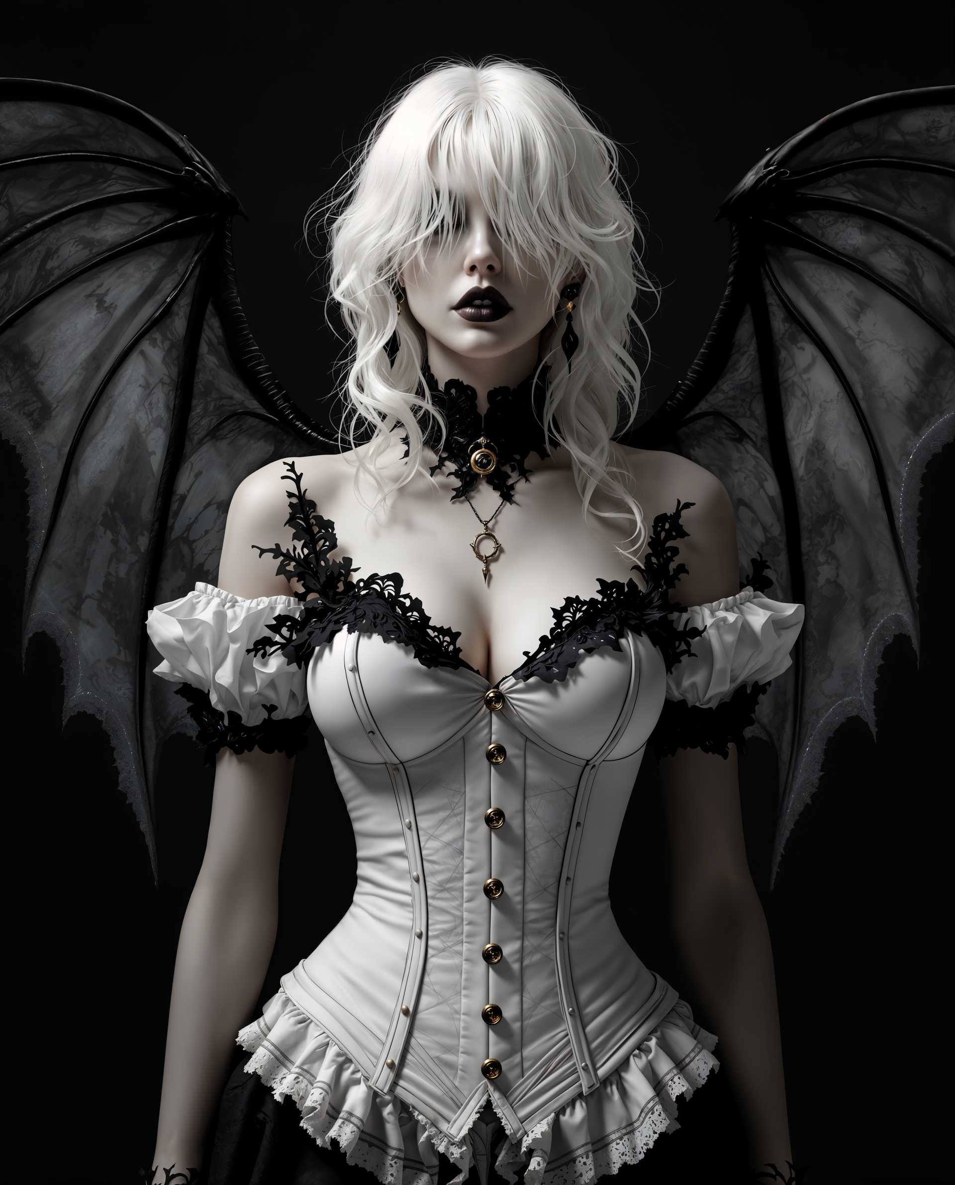masterpiece, best quality, highres, sharp image, more detail <lora:more_details:0.5> <lora:SDXLrender_v2.0:1>, masterpiece, best quality, highres, sharp image, more detail, This image is a realistic photo (photograph) of a female real person digital artwork that presents a figure with a gothic and realistic aesthetic. The art style is highly stylized with a focus on dramatic lighting and shadow, creating a moody and atmospheric scene. The medium appears to be a digital painting, given the smooth blending of colors and the lack of texture that would be present in a traditional painting.The colors in the image are quite muted, with a predominance of black, white, and shades of gray. The figures skin is a pale, almost translucent white, which contrasts with the darker tones of the wings and the gothic elements of the outfit. The lighting accentuates the figures form and the textures of the clothing and wings, casting deep shadows that give the image a threedimensional quality.The figure is adorned in a corsetstyle bodice with a high neckline and a fitted waist, detailed with lace and ruffles. The bodice is predominantly white with black accents, and the buttons are metallic, giving a touch of steampunk influence. The figures wings are expansive and batlike, with a translucent quality that allows the light to pass through, creating a ghostly effect. The wings are edged with lace and have a marbled pattern, adding to the gothic and realistical feel of the image.The figures hair is styled in loose, curly locks that cascade down her back and shoulders, and there are several strands that fall in front of her face, obscuring her eyes. The hair is a platinum blonde, which stands out against the darker tones of the wings and the outfit.The overall effect of the image is one of otherworldly elegance and mystery, with a strong emphasis on the interplay of light and shadow, and a sense of depth achieved through the careful use of color and texture.