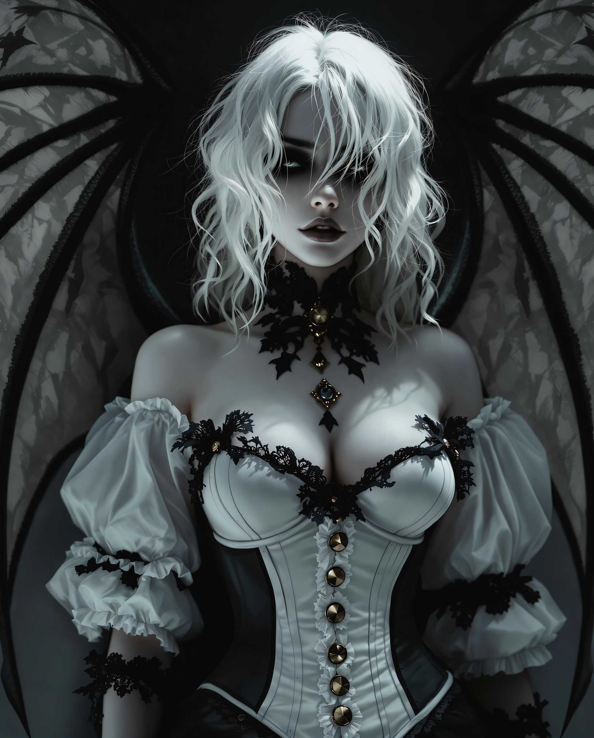 masterpiece, best quality, highres, sharp image, more detail <lora:more_details:0.5> <lora:SDXLrender_v2.0:1>, A hyper-realistic digital painting of a gothic female figure, exuding an aura of otherworldly elegance and mystery. The artwork features a highly stylized aesthetic with dramatic lighting and deep shadows, creating a moody and atmospheric scene. The color palette is muted, dominated by black, white, and shades of gray, with the figure's pale, almost translucent white skin contrasting sharply against the darker tones of her bat-like wings and intricate gothic attire. The lighting is cinematic, with soft, diffused beams illuminating the figure from above, casting long, intricate shadows that enhance the three-dimensional quality of the composition.

The figure is positioned centrally, captured in a three-quarter view, with her body slightly turned to the side, emphasizing her form and the detailed textures of her outfit. She wears a corset-style bodice with a high neckline and fitted waist, adorned with delicate lace and ruffles, primarily white with subtle black accents and metallic buttons that hint at a steampunk influence. Her expansive, bat-like wings extend outward, their translucent membranes allowing light to filter through, creating a ghostly, ethereal effect. The wings are edged with lace and feature a marbled pattern, adding a layer of gothic realism to the design.

Her platinum blonde hair is styled in loose, curly locks that cascade down her back and shoulders, with several strands falling in front of her face, partially obscuring her eyes and adding an air of enigma. The background is dark and minimalistic, a gradient of deep charcoal to black, ensuring the focus remains on the figure while enhancing the somber, melancholic mood. The atmosphere suggests a late evening or twilight setting, with a subtle mist lingering in the air, contributing to the haunting ambiance.

Rendered with meticulous attention to detail, the digital painting showcases smooth color blending, hyper-realistic textures in the lace and fabric, and a masterful interplay of light and shadow. The composition evokes a sense of depth and drama, reminiscent of classic gothic portraiture combined with modern fantasy art, captured as if through a high-definition, close-up photographic lens with a shallow depth of field.