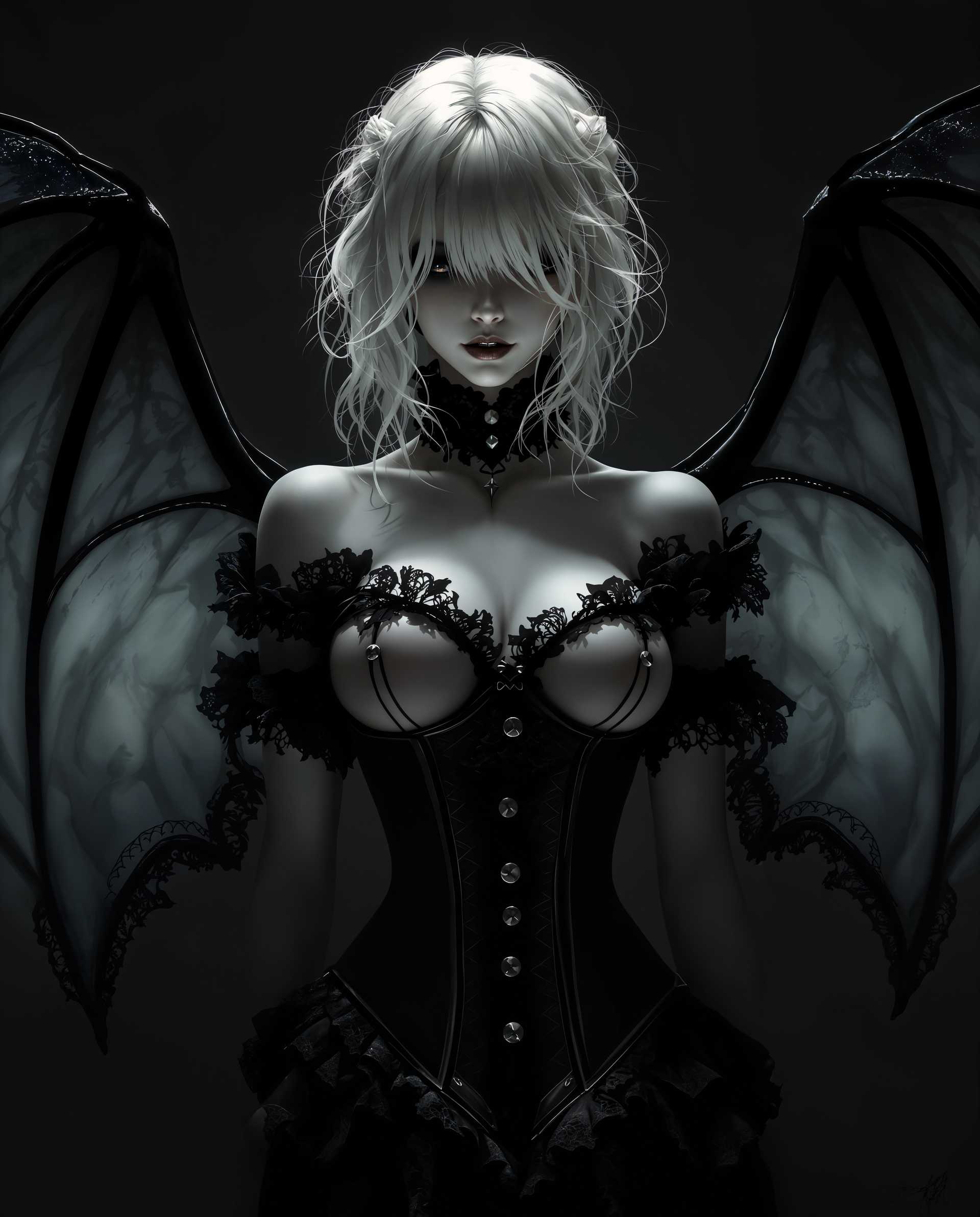 masterpiece, best quality, highres, sharp image, more detail <lora:more_details:0.5> <lora:SDXLrender_v2.0:1>, masterpiece, best quality, highres, sharp image, more detail, A hyper-realistic digital painting of a gothic female figure, exuding an aura of otherworldly elegance and mystery. The artwork features a highly stylized aesthetic with dramatic lighting and deep shadows, creating a moody and atmospheric scene. The color palette is muted, dominated by black, white, and shades of gray, with the figure's pale, almost translucent white skin contrasting sharply against the darker tones of her bat-like wings and intricate gothic attire. The lighting is cinematic, with soft, diffused beams illuminating the figure from above, casting long, intricate shadows that enhance the three-dimensional quality of the composition.

The figure is positioned centrally, captured in a three-quarter view, with her body slightly turned to the side, emphasizing her form and the detailed textures of her outfit. She wears a corset-style bodice with a high neckline and fitted waist, adorned with delicate lace and ruffles, primarily white with subtle black accents and metallic buttons that hint at a steampunk influence. Her expansive, bat-like wings extend outward, their translucent membranes allowing light to filter through, creating a ghostly, ethereal effect. The wings are edged with lace and feature a marbled pattern, adding a layer of gothic realism to the design.

Her platinum blonde hair is styled in loose, curly locks that cascade down her back and shoulders, with several strands falling in front of her face, partially obscuring her eyes and adding an air of enigma. The background is dark and minimalistic, a gradient of deep charcoal to black, ensuring the focus remains on the figure while enhancing the somber, melancholic mood. The atmosphere suggests a late evening or twilight setting, with a subtle mist lingering in the air, contributing to the haunting ambiance.

Rendered with meticulous attention to detail, the digital painting showcases smooth color blending, hyper-realistic textures in the lace and fabric, and a masterful interplay of light and shadow. The composition evokes a sense of depth and drama, reminiscent of classic gothic portraiture combined with modern fantasy art, captured as if through a high-definition, close-up photographic lens with a shallow depth of field.