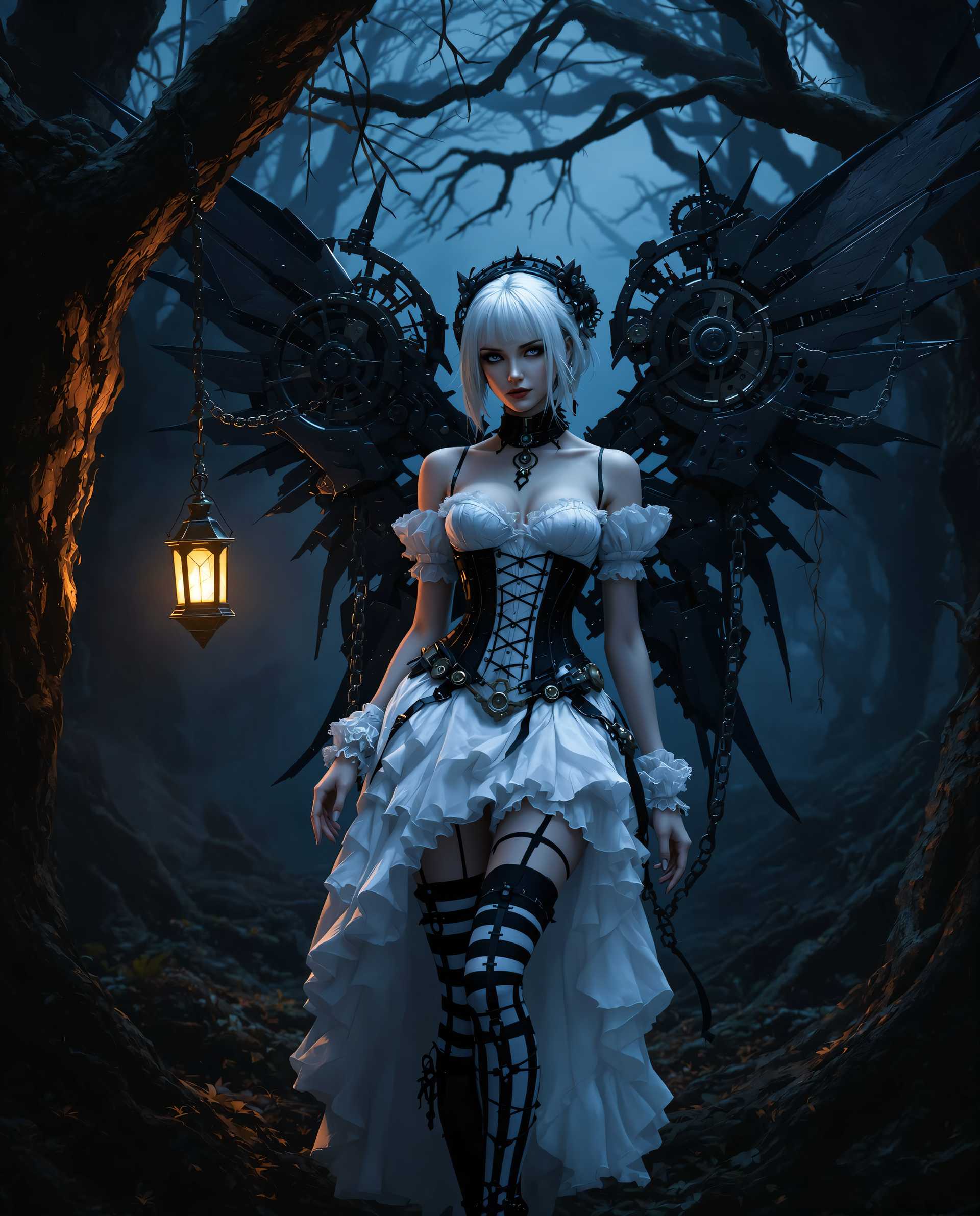 masterpiece, best quality, highres, sharp image, more detail <lora:more_details:0.5> <lora:SDXLrender_v2.0:1>, This image is a realistic photo (photograph) of a female real person digital artwork that presents a figure in a gothic inspired outfit, set against a dark, moody backdrop. The art style is realistical with a steampunk influence, evident in the mechanical elements and the overall Victorianera fashion. The medium appears to be a highresolution digital painting, given the smooth gradients and the intricate details.Colors in the image are predominantly dark and moody, with a blue and black palette that gives the scene a nightmarish, otherworldly feel. The figures clothing is predominantly white, which stands out against the dark background and adds a touch of purity to the otherwise ominous atmosphere. The white of the figures hair and clothing contrasts with the black of the corset, straps, and wings, creating a visually striking effect.Objects in the image include1. The figure A person dressed in a gothic outfit with a white lace corset, black and white striped stockings, and thighhigh boots. The corset is detailed with buckles and straps, and the figure is wearing a white ruffled skirt with a black underlayer.2. Mechanical wings Attached to the figures back are large, dark mechanical wings with gears and chains, giving the appearance of a steampunkinspired angel.3. The environment The figure is standing in a dark, overgrown forest with twisted trees and a gloomy, foggy atmosphere. There is a lantern hanging from a tree in the background, which casts a warm, yellowish light, providing a stark contrast to the cool blue tones of the rest of the scene.4. The lighting The lighting in the image is dramatic and moody, with a chiaroscuro effect that highlights the figure and the mechanical wings against the dark background. The warm light from the lantern creates a focal point and adds depth to the scene.Overall, the image is a blend of gothic and steampunk elements, set in a dark, mysterious forest, creating a visually compelling and atmospheric piece of digital art.