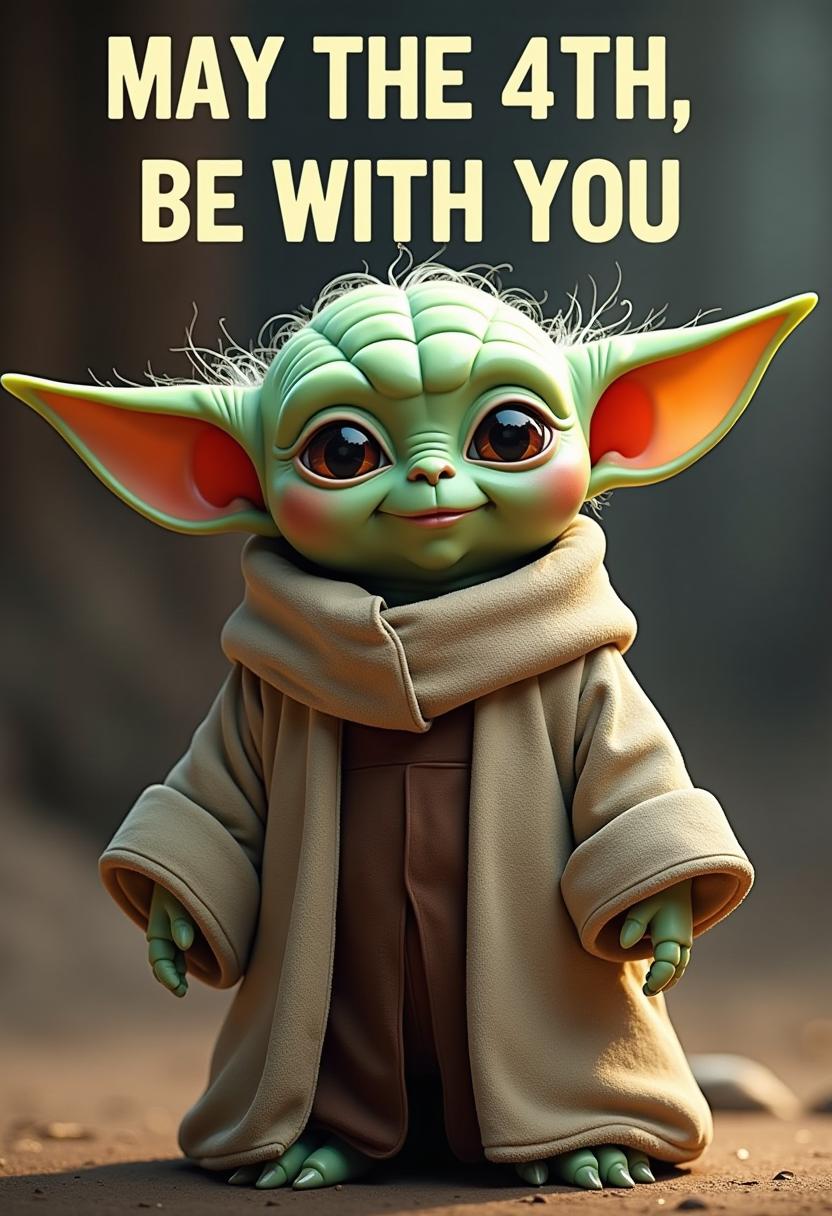 create a very cute yoda looking at viewer with bold text above that reads "MAY THE 4TH, BE WITH YOU" sans-serif spelling correct
