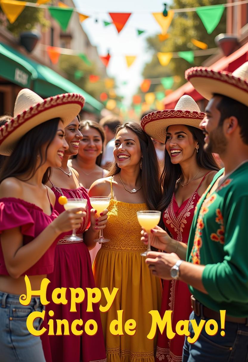 A hyper-realistic, ultra-detailed airbrushed portrait capturing a vibrant Cinco de Mayo celebration, featuring a diverse group of people joyfully gathered in a festive outdoor setting. The scene includes individuals wearing traditional Mexican attire such as colorful sombreros, embroidered dresses, and serapes in bright hues of red, green, yellow, and white, adorned with intricate patterns and textures. They are laughing, dancing, and holding maracas and glasses of margaritas, surrounded by decorations like papel picado banners, piñatas, and cacti under a warm, golden afternoon sun. The background showcases a lively street festival with blurred crowds and stalls, enhancing the depth of field. The composition centers the main group in the foreground, framed naturally by festive decor, with a slight low-angle perspective to emphasize their energy and connection. The mood is cheerful and exuberant, with soft, natural lighting casting gentle shadows and highlighting the rich, glossy textures of their clothing and accessories. The airbrush technique ensures smooth gradients and photorealistic skin tones, with meticulous attention to facial expressions and fine details like fabric folds and jewelry reflections. Overlaid at the bottom margin of the image is the bold caption "Happy Cinco de Mayo!" in a coordinating, festive font with a subtle shadow effect, styled in vibrant colors that complement the scene, ensuring readability and harmony with the overall design.