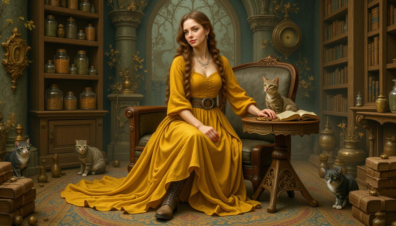 Kira-Lux-Flux, Nynaeve al'Meara depicted as a dominant  Enchantress (brown Braided hair ), shrouded in Herb jars and powder jars and books, adorned in a yellow middle age dress, weathered leather boots adorning her feet, in a complex, multi-layered scene, merging the styles of Artgerm, Rubens, and Remedios Varo, exuding whimsical grace, gothic charm, with cat motifs woven intricately throughout, 8k